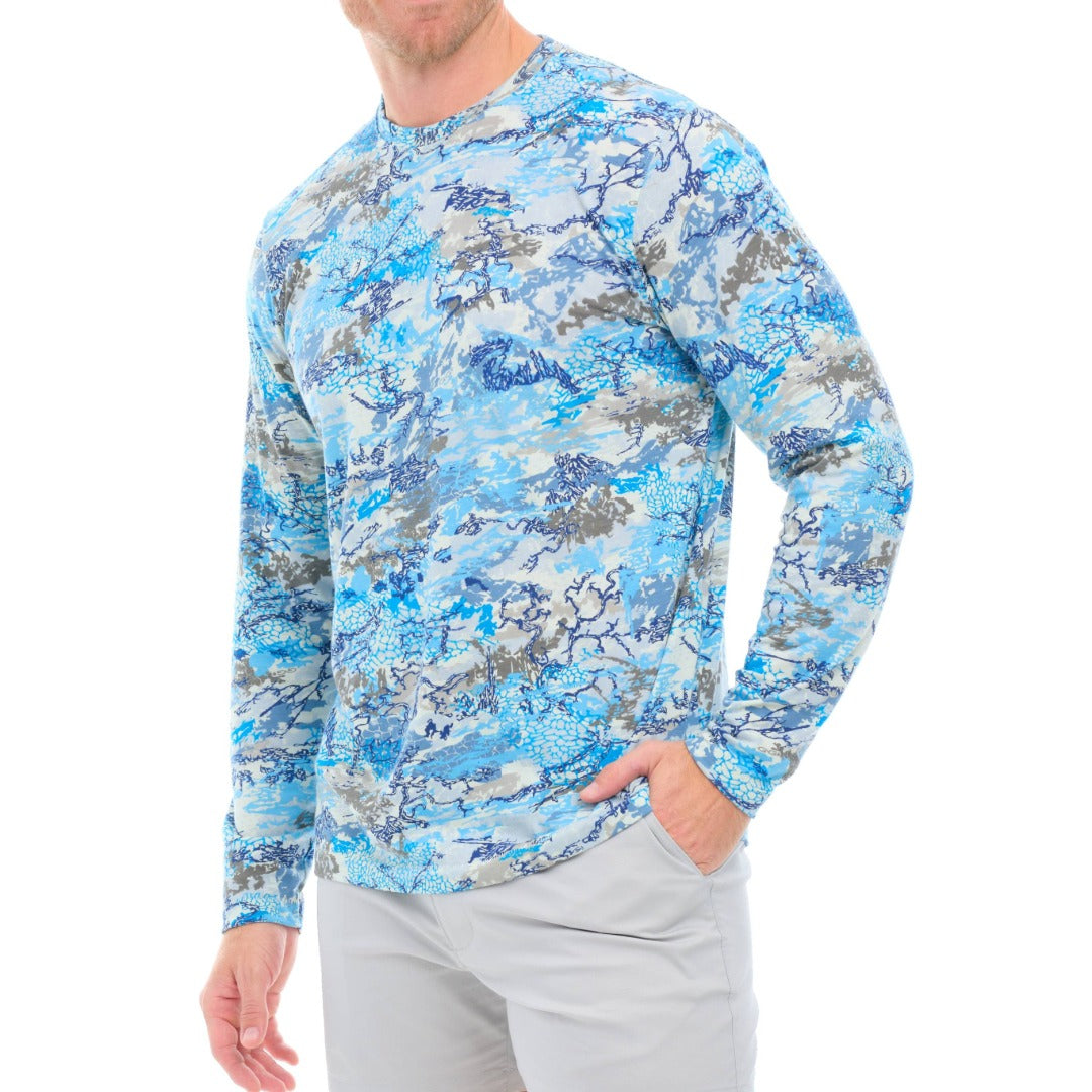 Person wearing a blue camouflage long-sleeve shirt on a white background