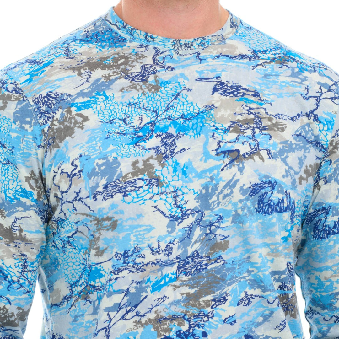 Blue and gray camouflage long-sleeve shirt on a white background