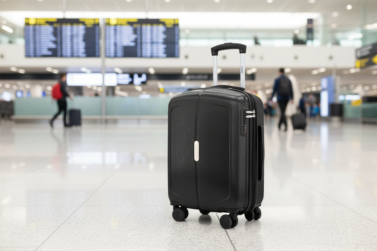 Black suitcase with wheels on a white background