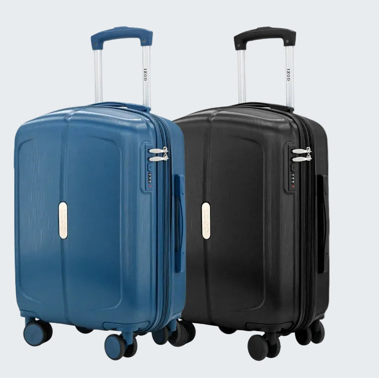 Two suitcases, one blue and one black, on a white background