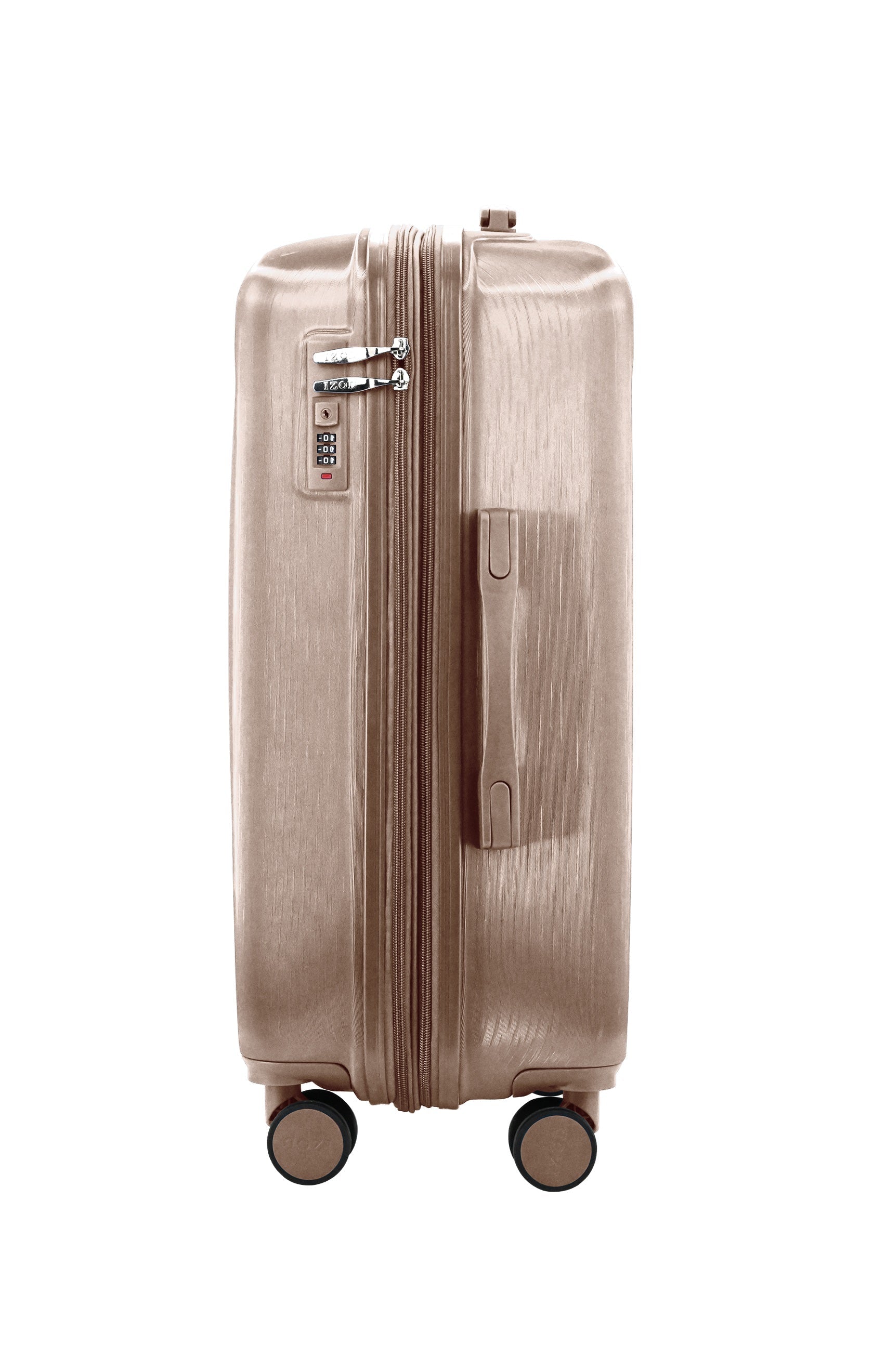 Beige suitcase with wheels on a white background