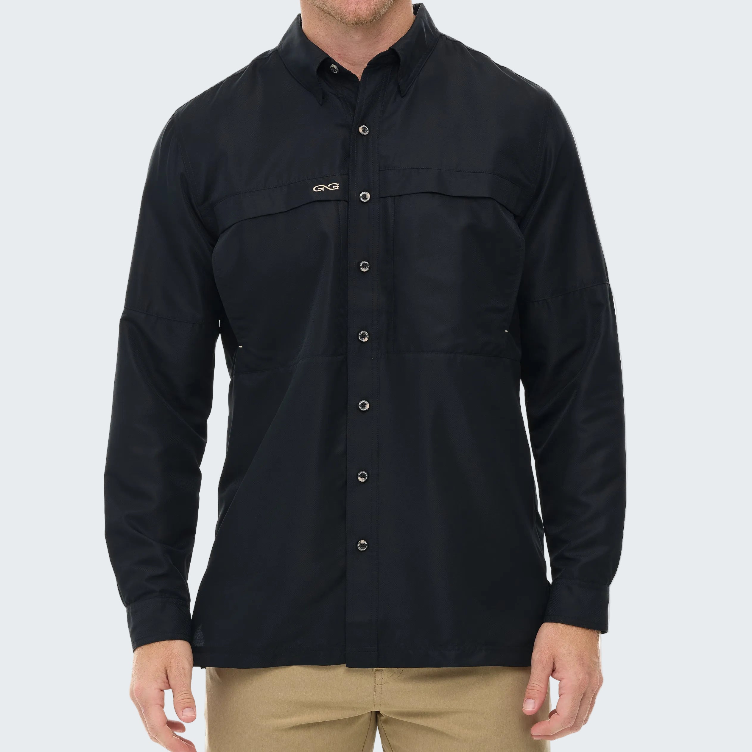 Black long-sleeve shirt with button details on a white background
