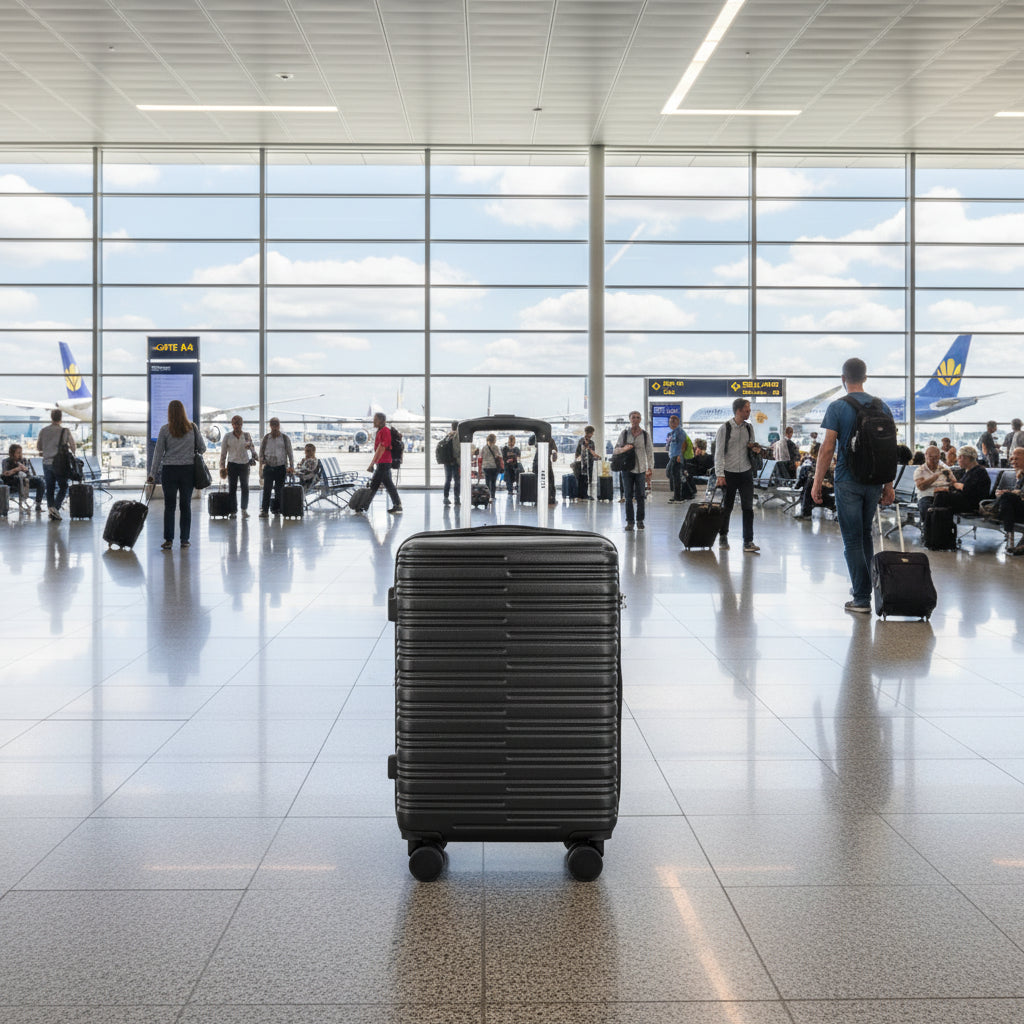 Black suitcase with wheels on a white background
