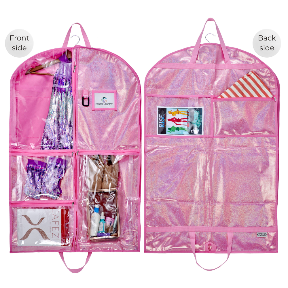 Pink garment bag with multiple pockets on a white background
