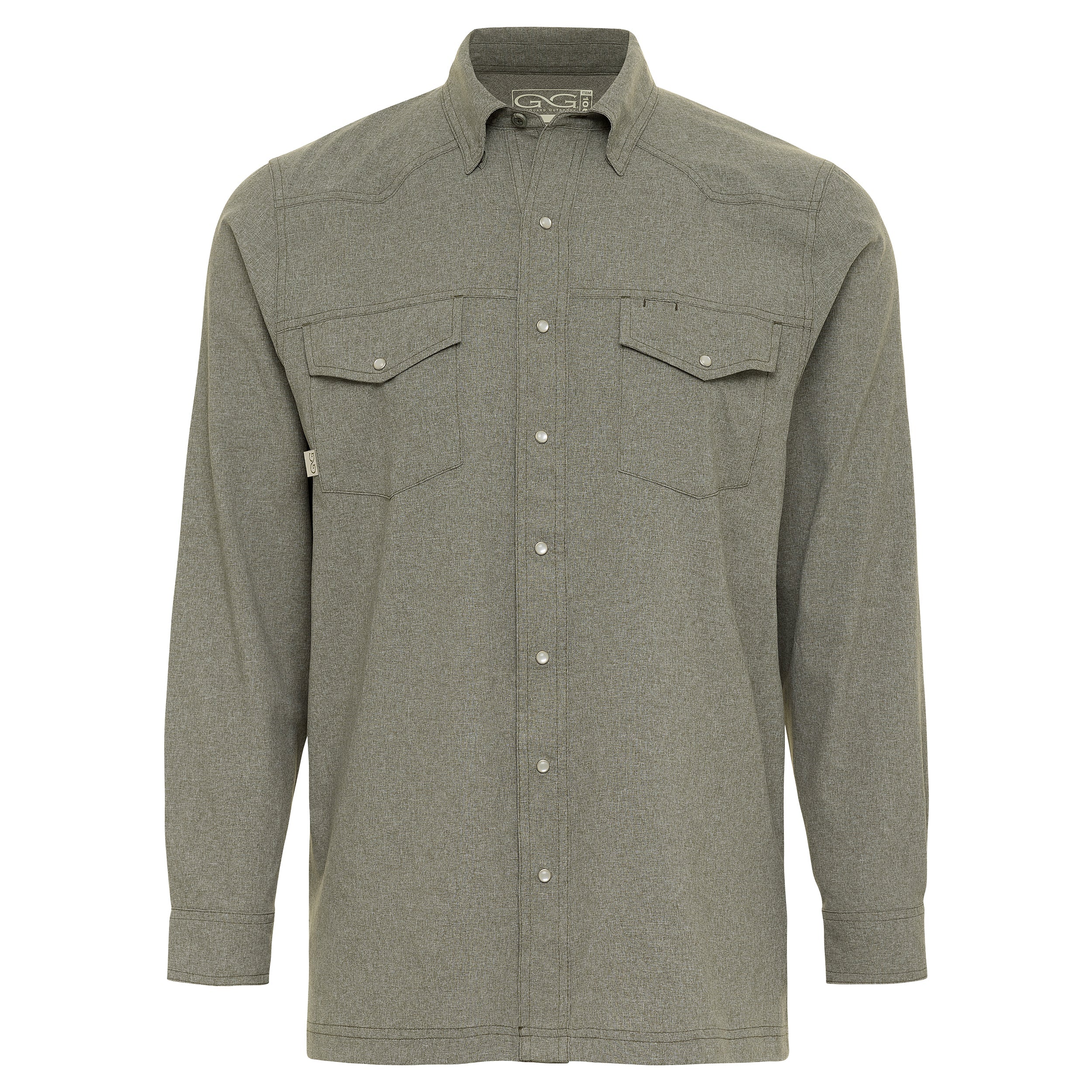 Green button-up shirt with two front pockets on a white background