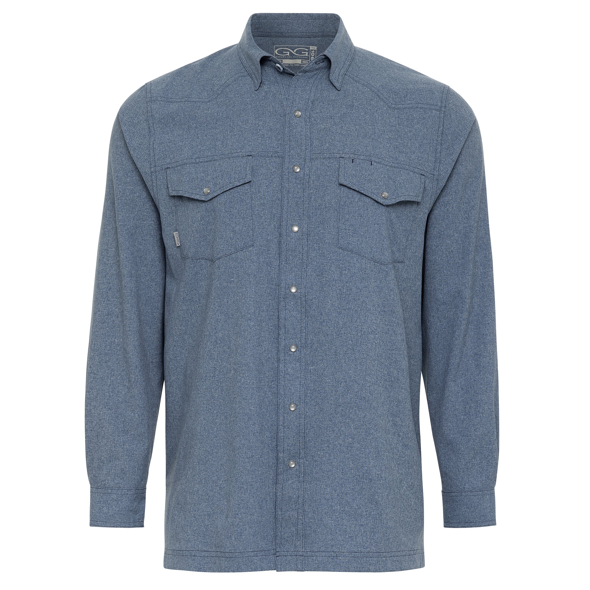 Blue flannel shirt with two front pockets on a white background