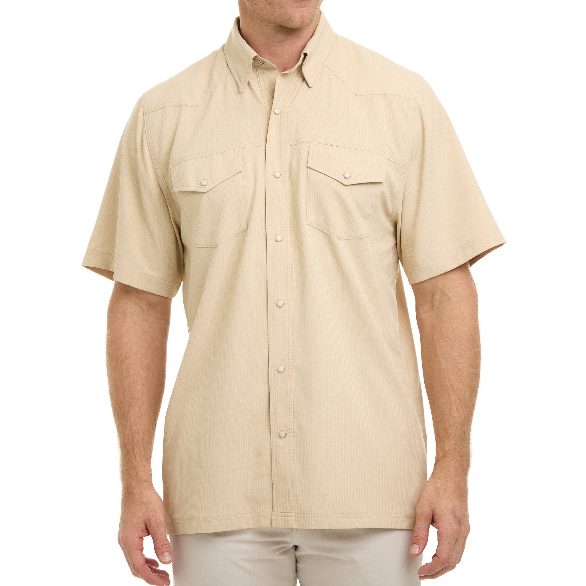 Beige short-sleeve shirt worn by a person on a white background