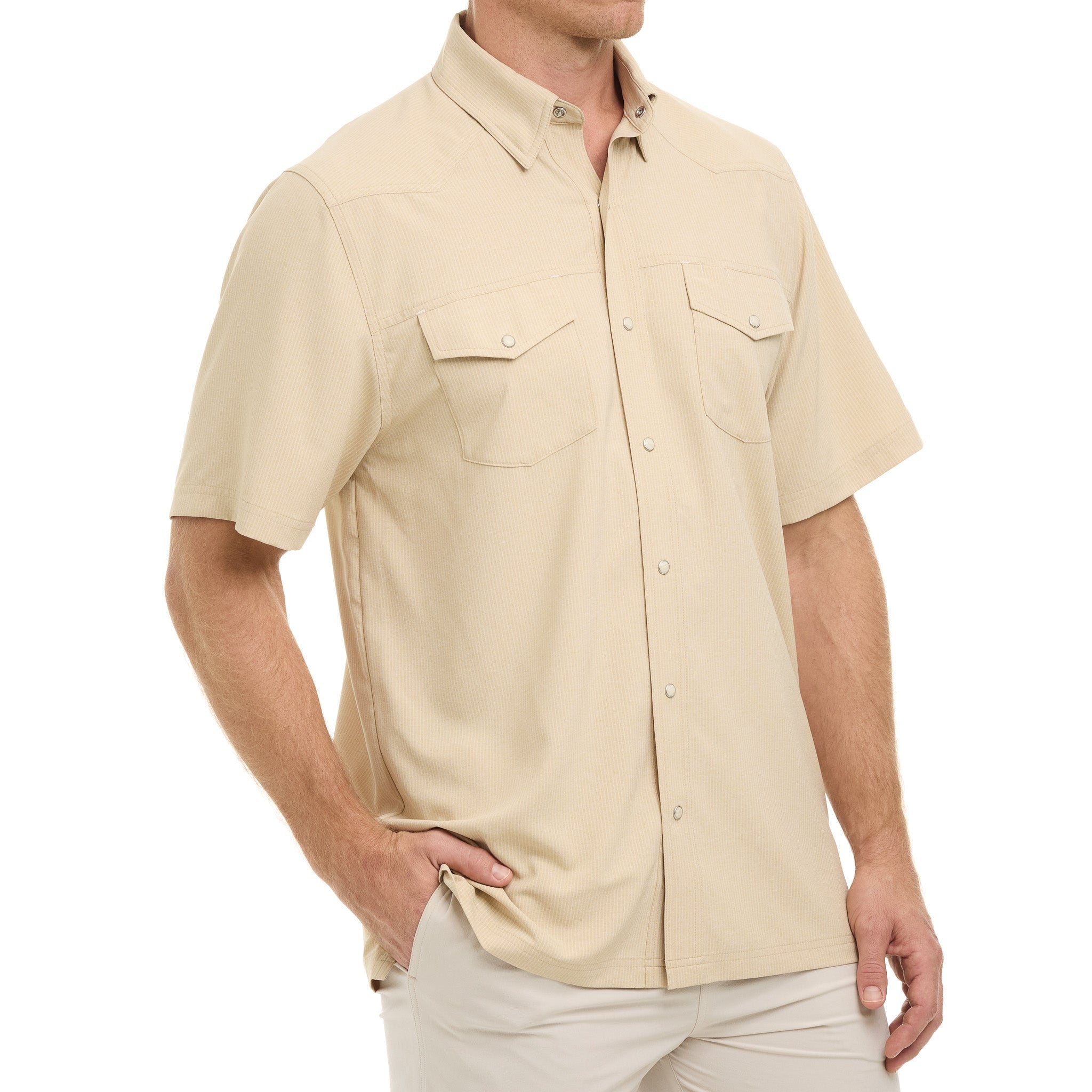 Beige short-sleeve shirt worn by a person on a white background
