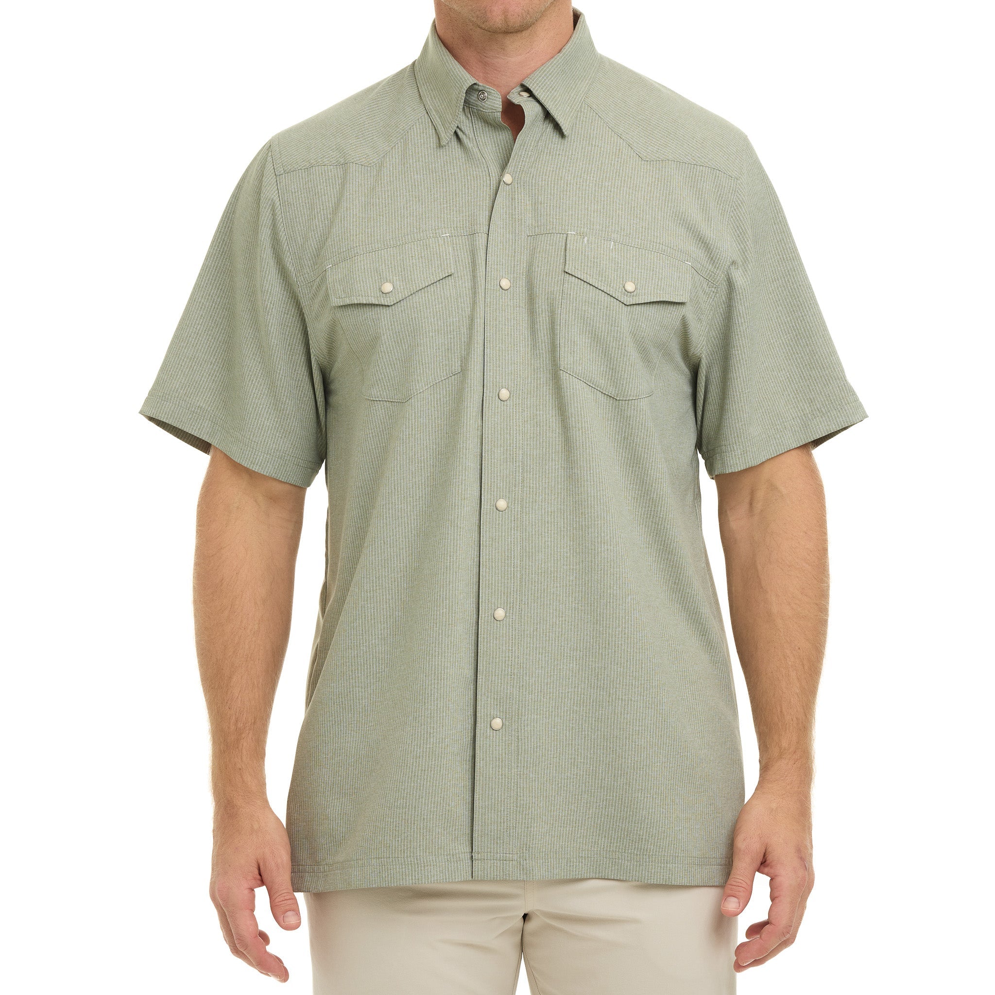 Man wearing a green short-sleeve shirt on a white background