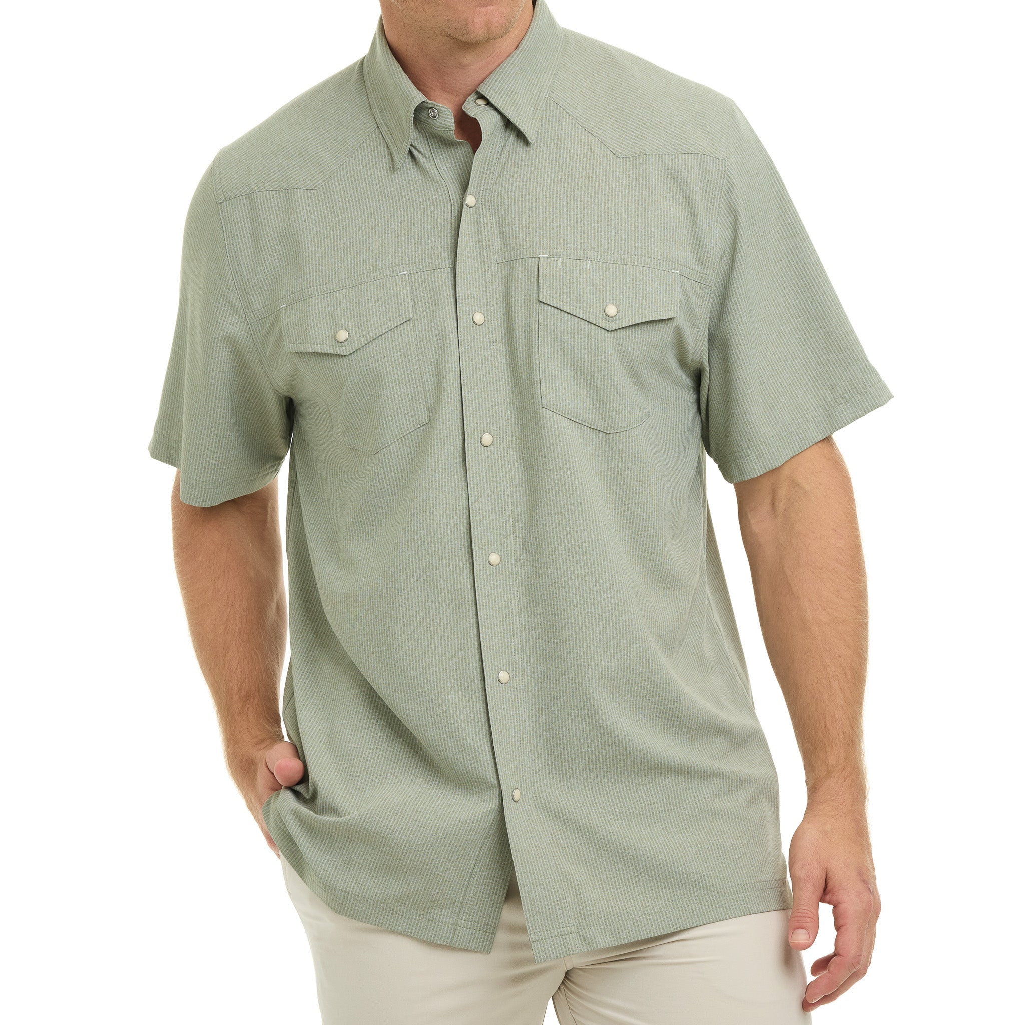 Man wearing a green short-sleeve shirt on a white background