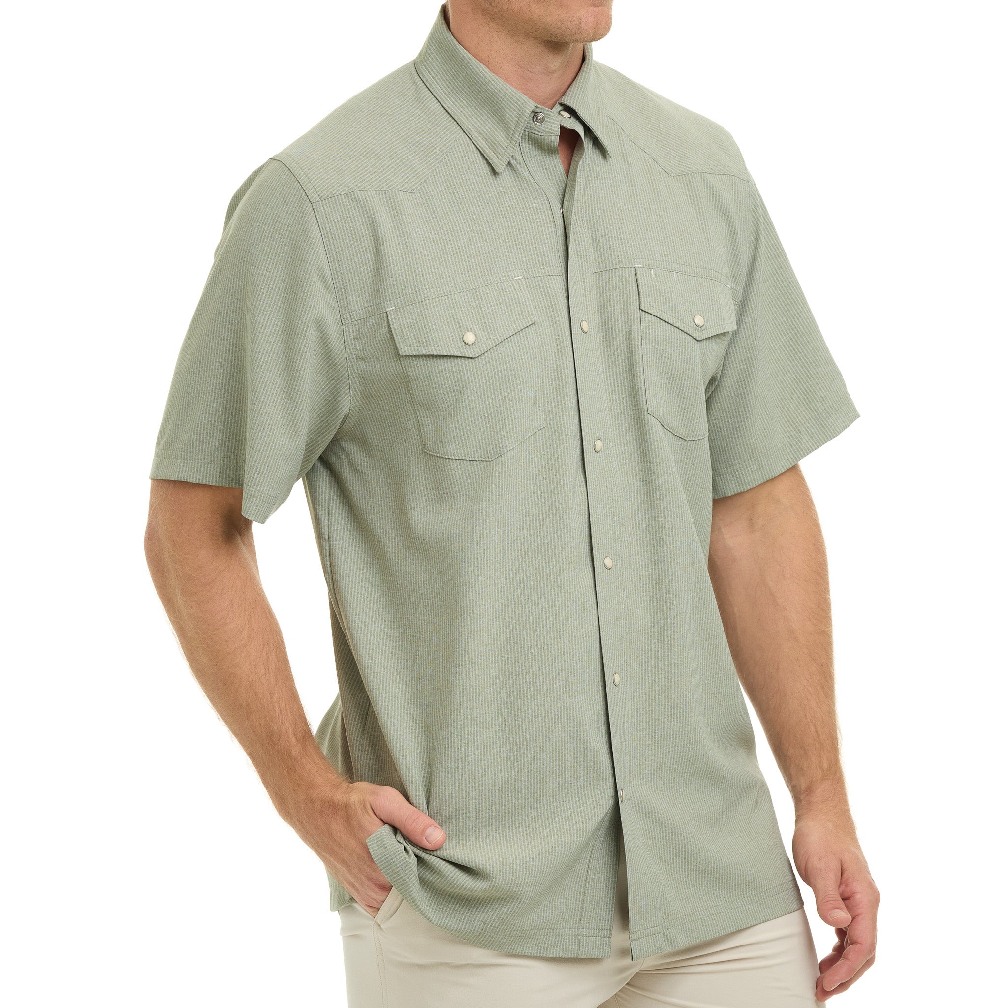 Man wearing a green short-sleeve shirt on a white background