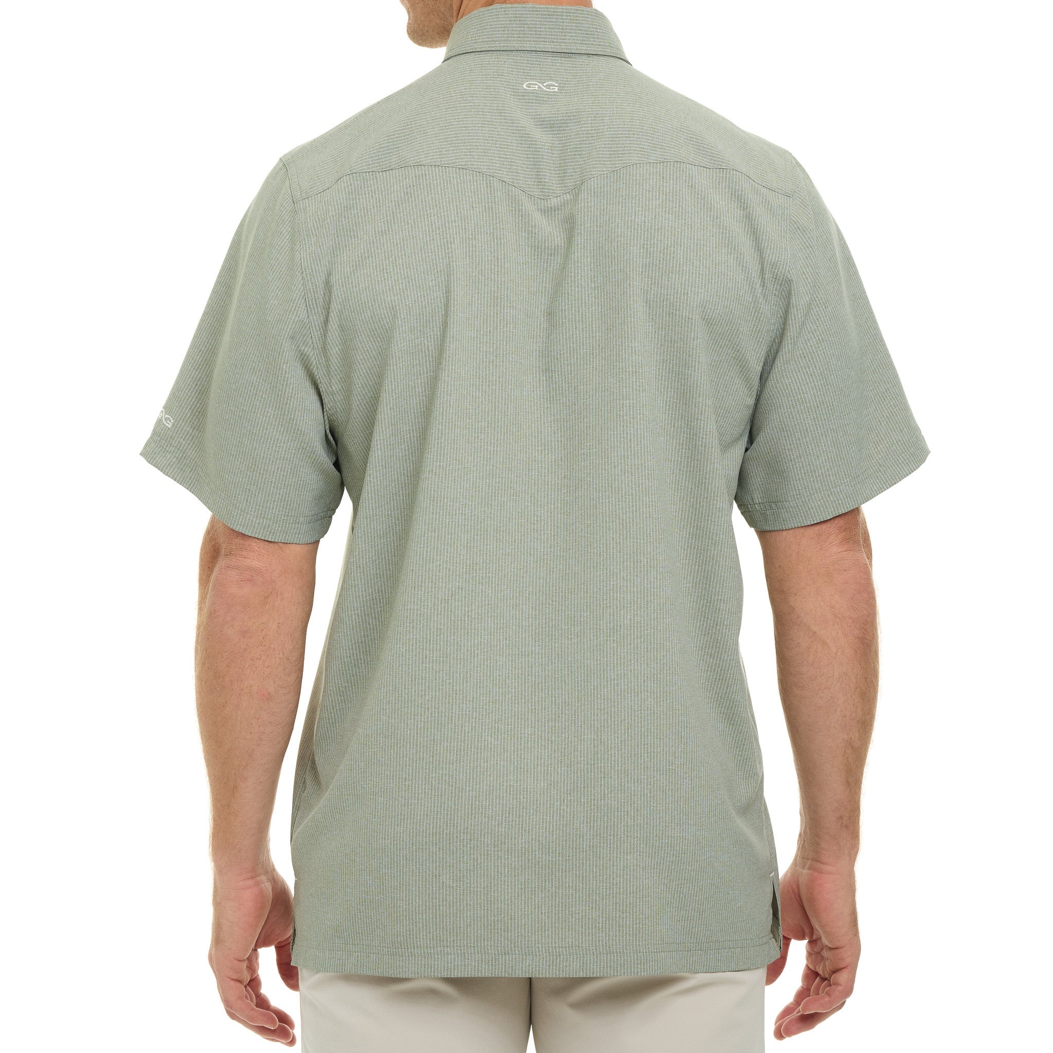 Person wearing a light green polo shirt on a white background