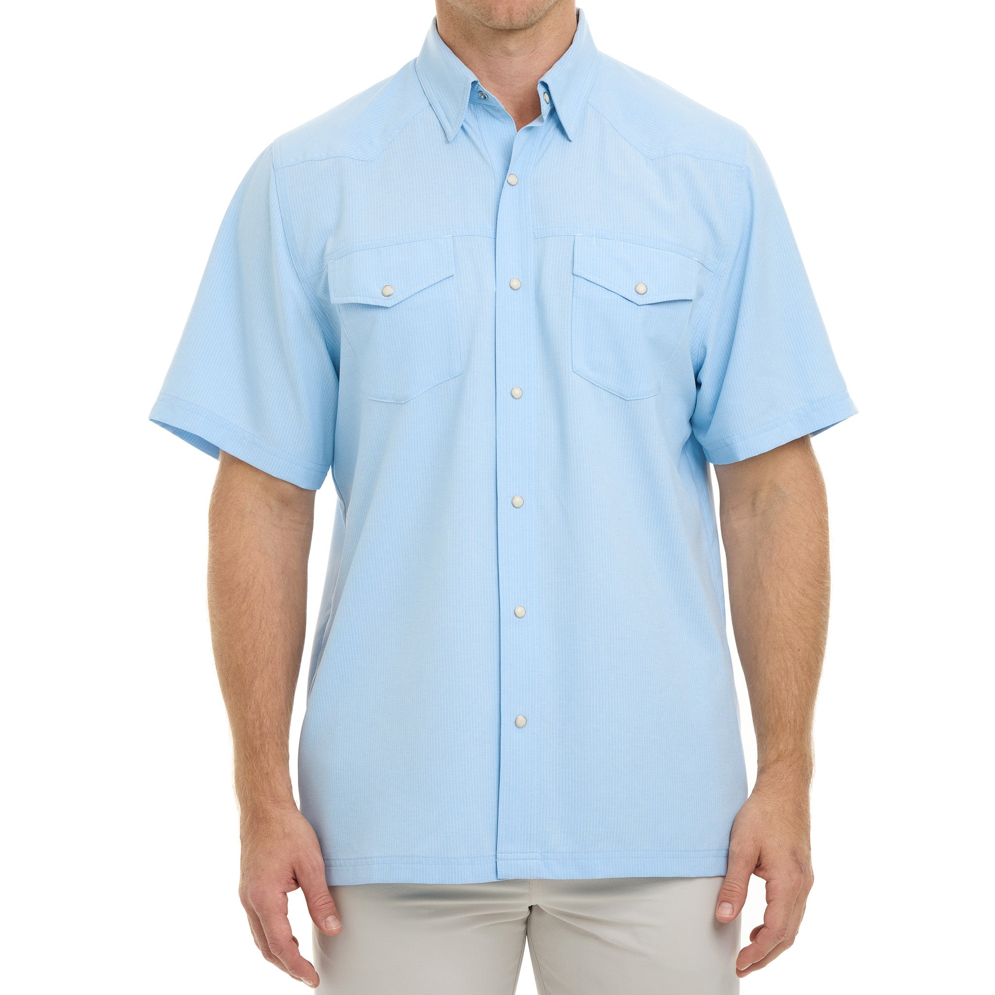 Man wearing a light blue short-sleeve shirt on a white background