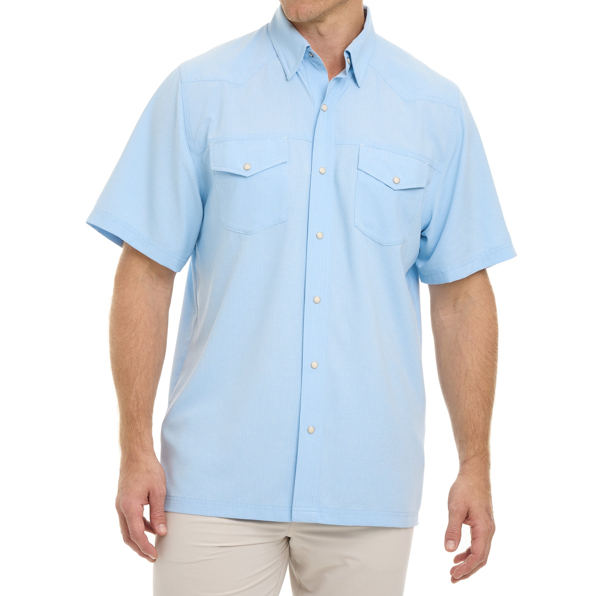 Man wearing a light blue short-sleeve shirt on a white background