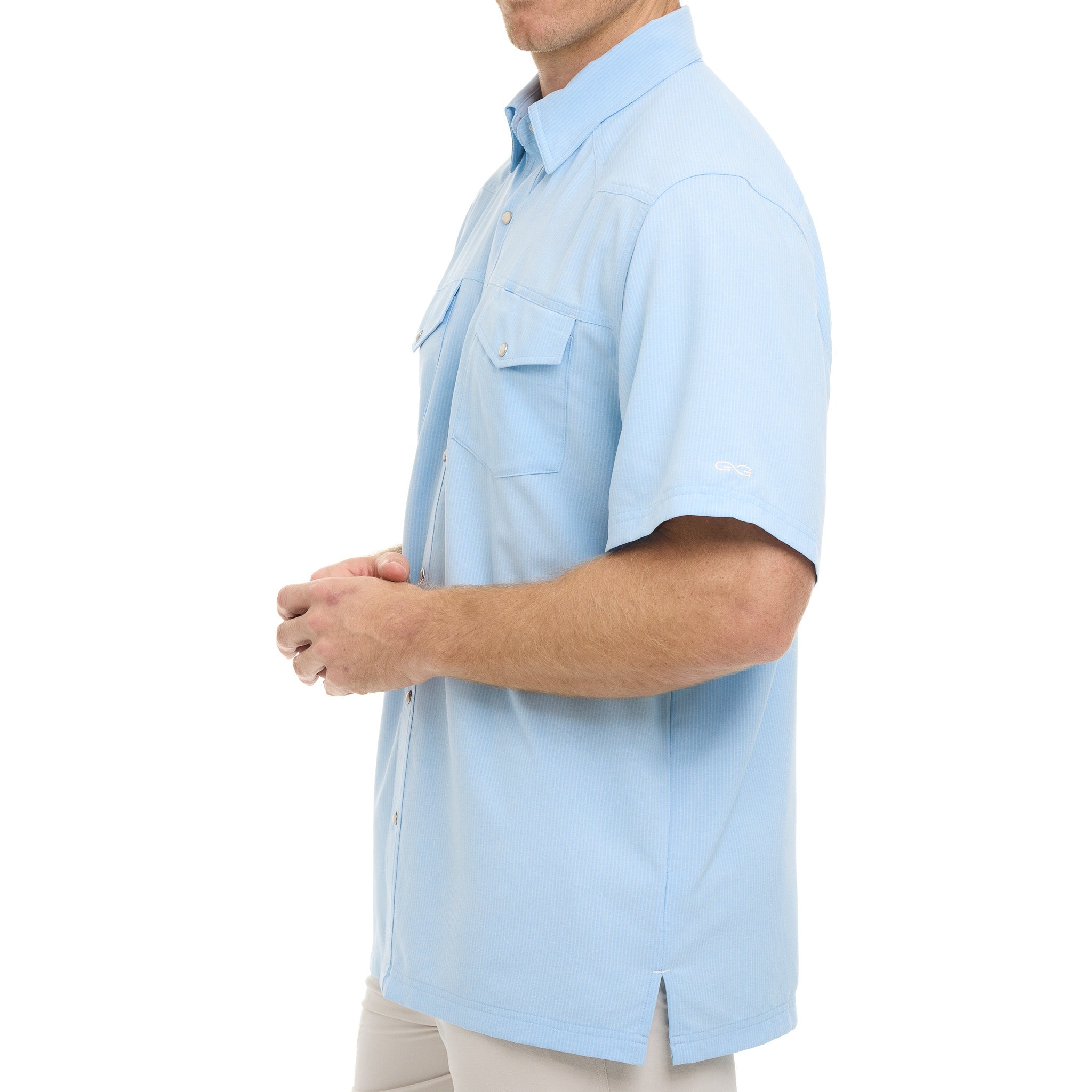 Man wearing a light blue short-sleeve shirt on a white background