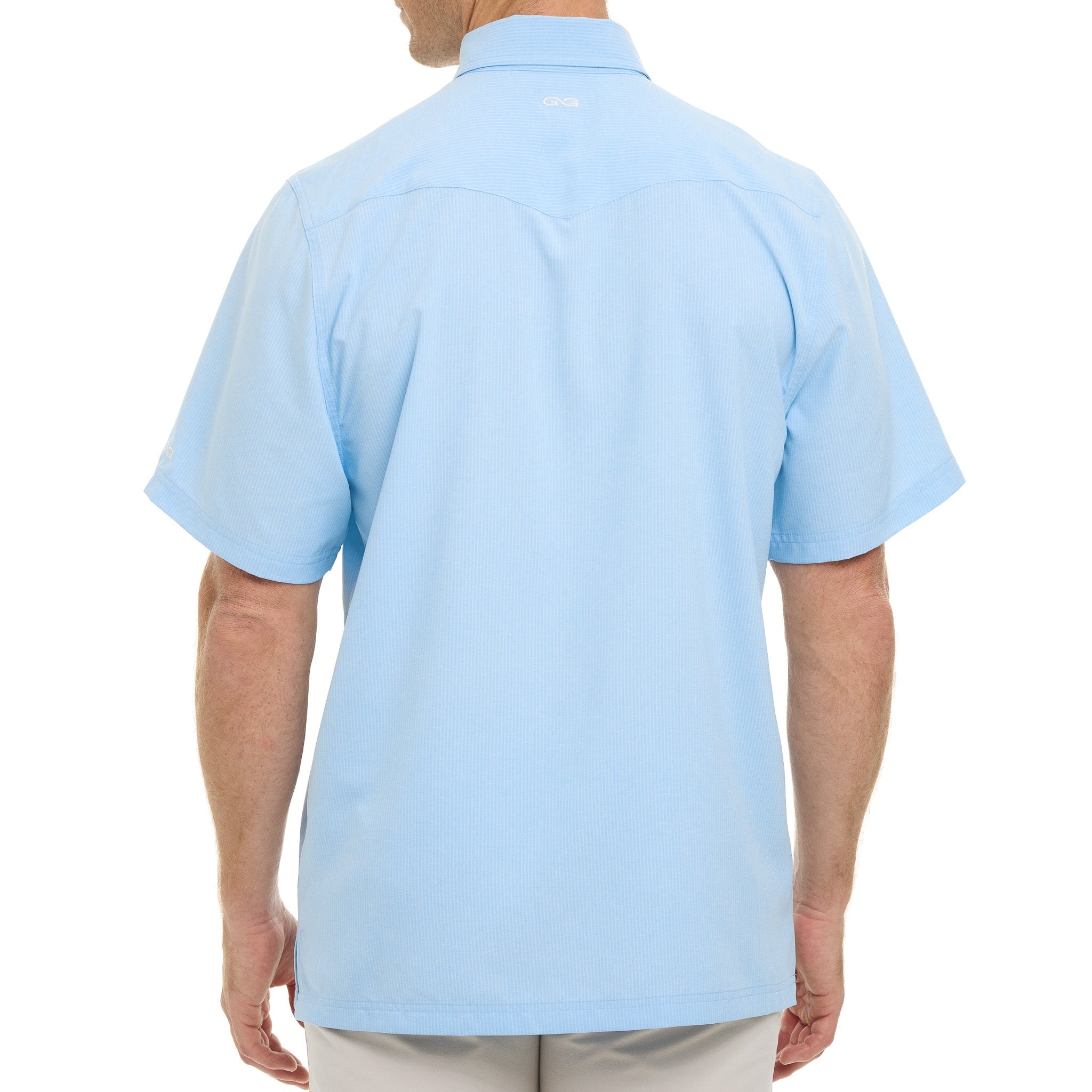 Light blue polo shirt worn by a person on a white background