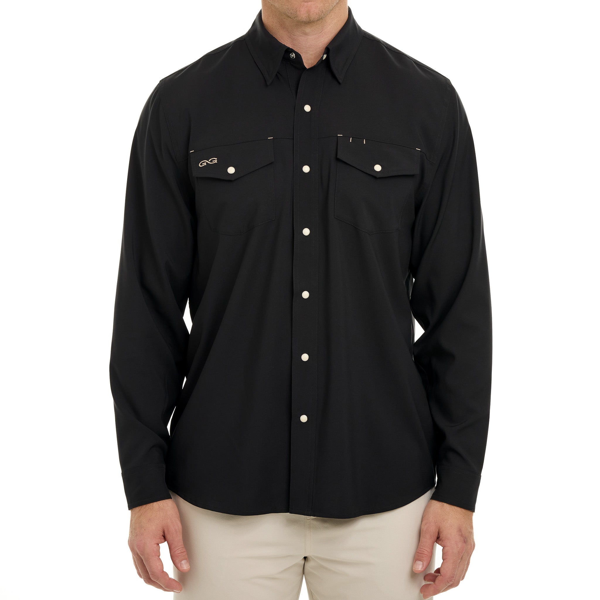 Black button-up shirt worn by a person on a white background