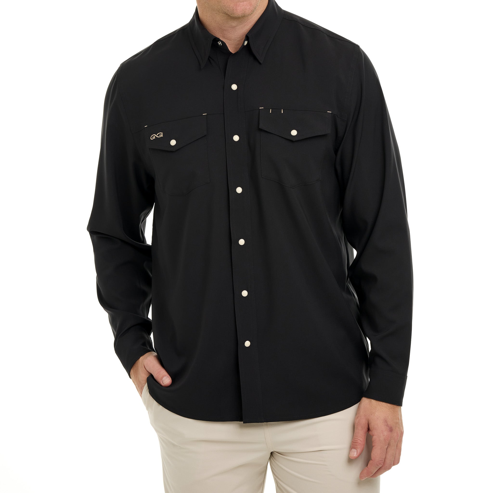 Black button-up shirt worn by a person on a white background