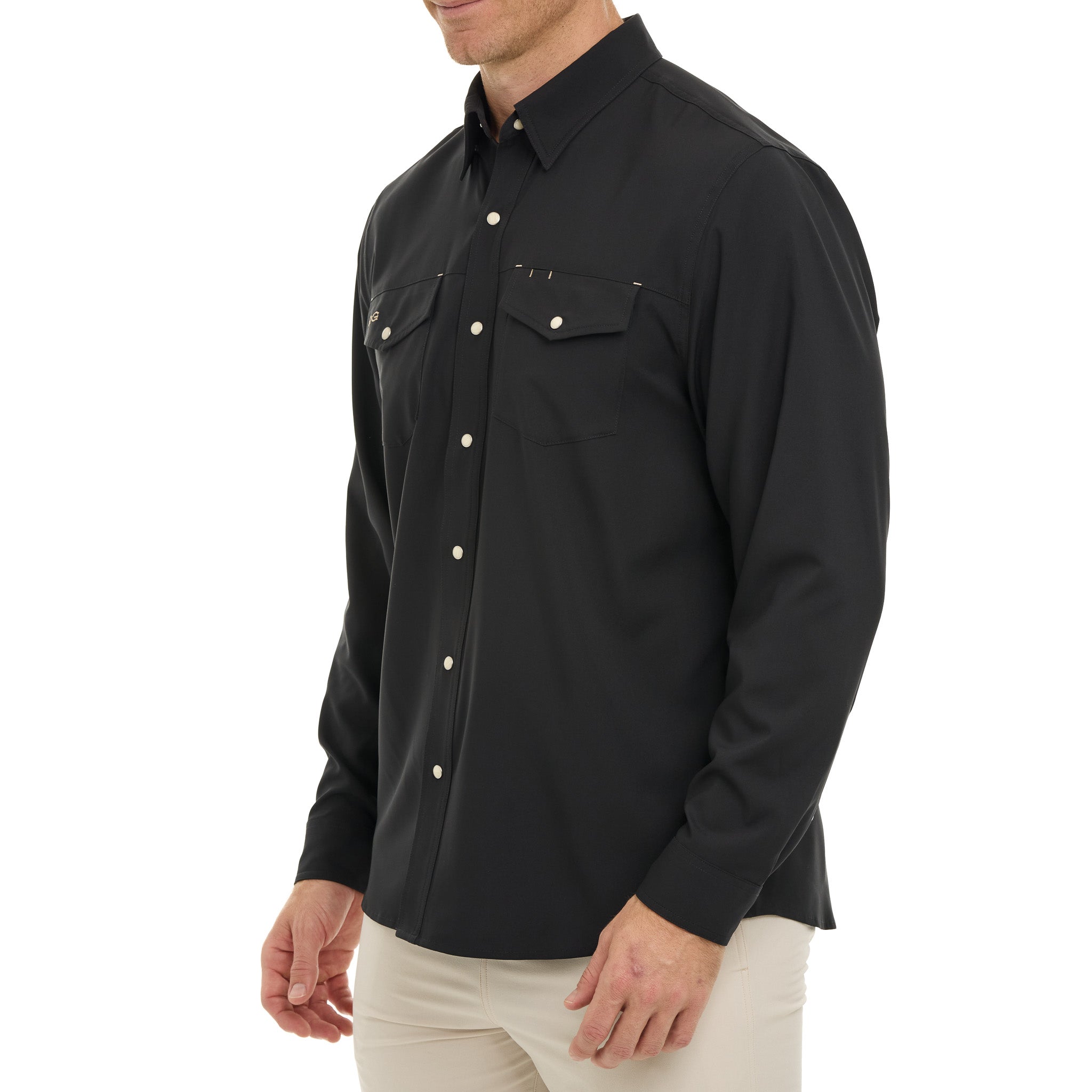 Black button-up shirt worn by a person on a white background