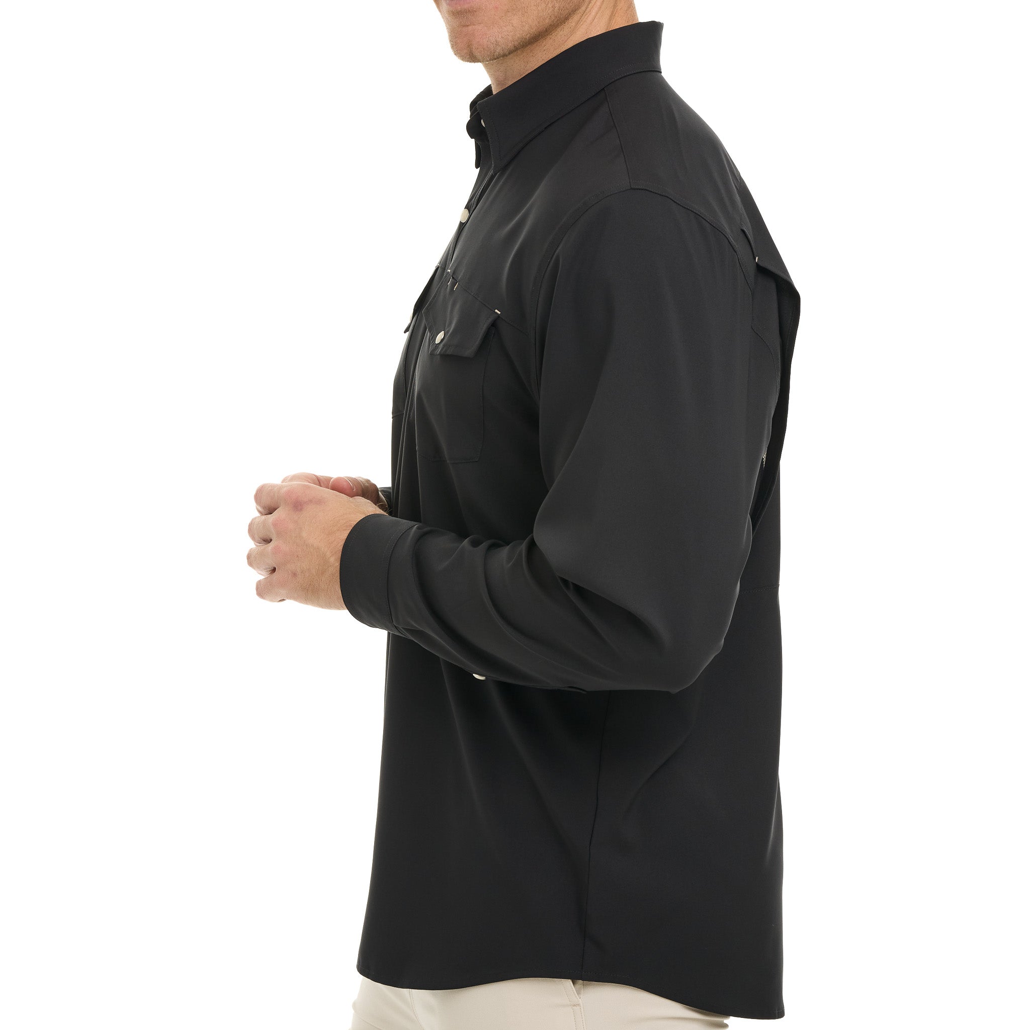 Man wearing a black long-sleeve shirt on a white background