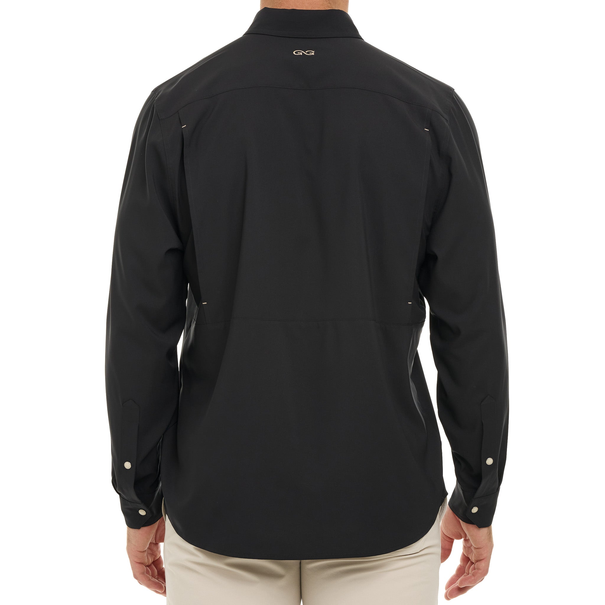 Black shirt worn by a person on a white background