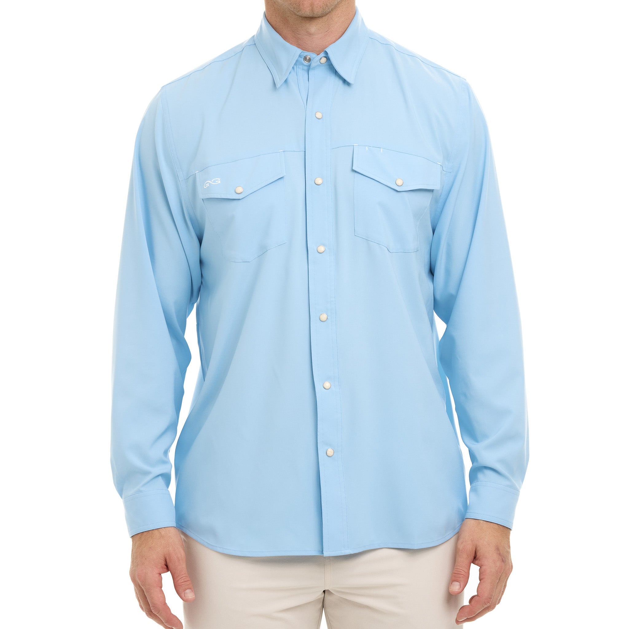Light blue button-up shirt worn by a person on a white background