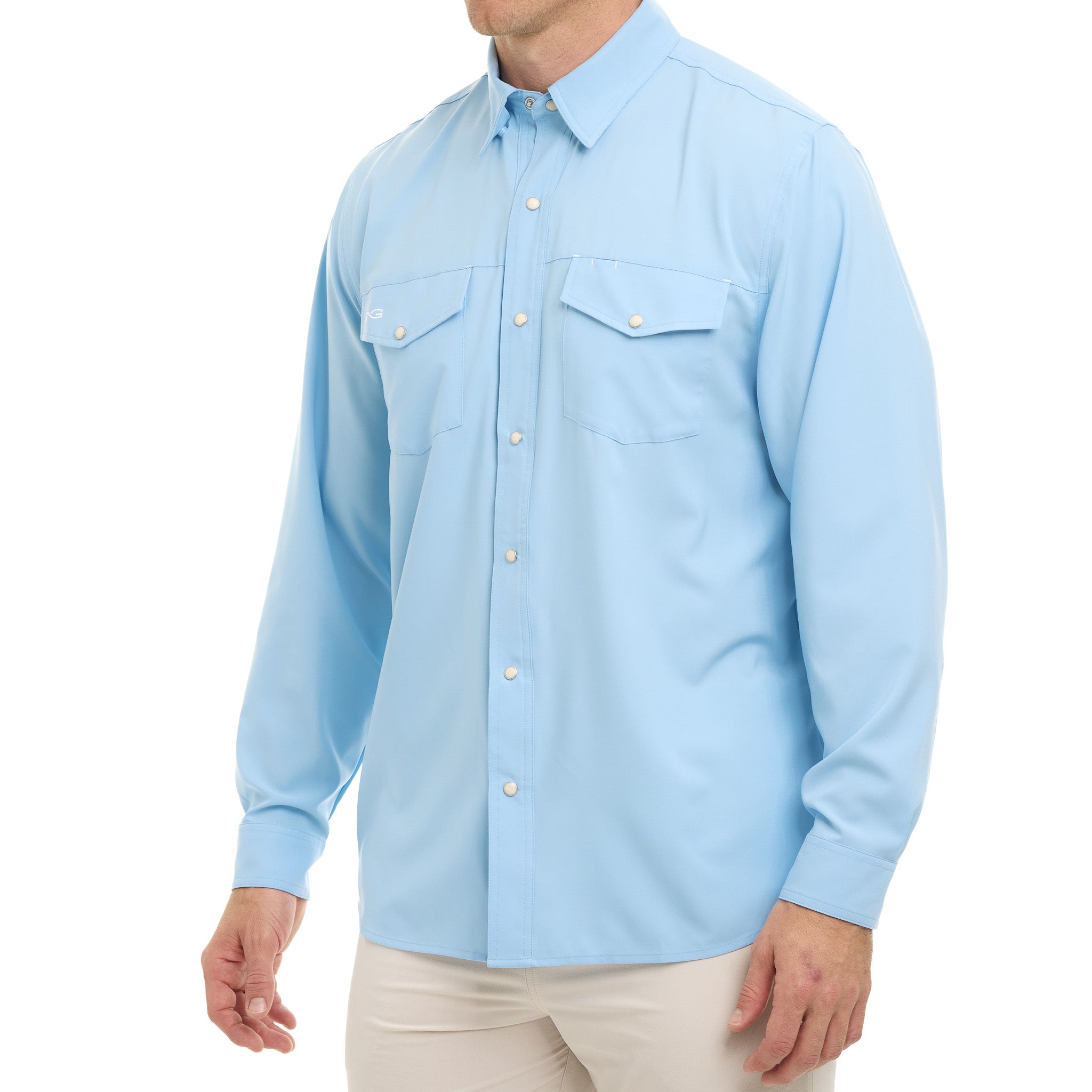 Light blue button-up shirt worn by a person on a white background