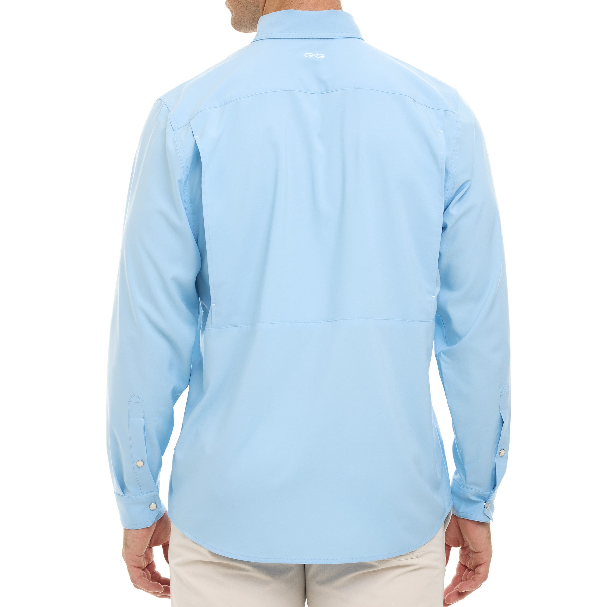Light blue button-up shirt worn by a person on a white background