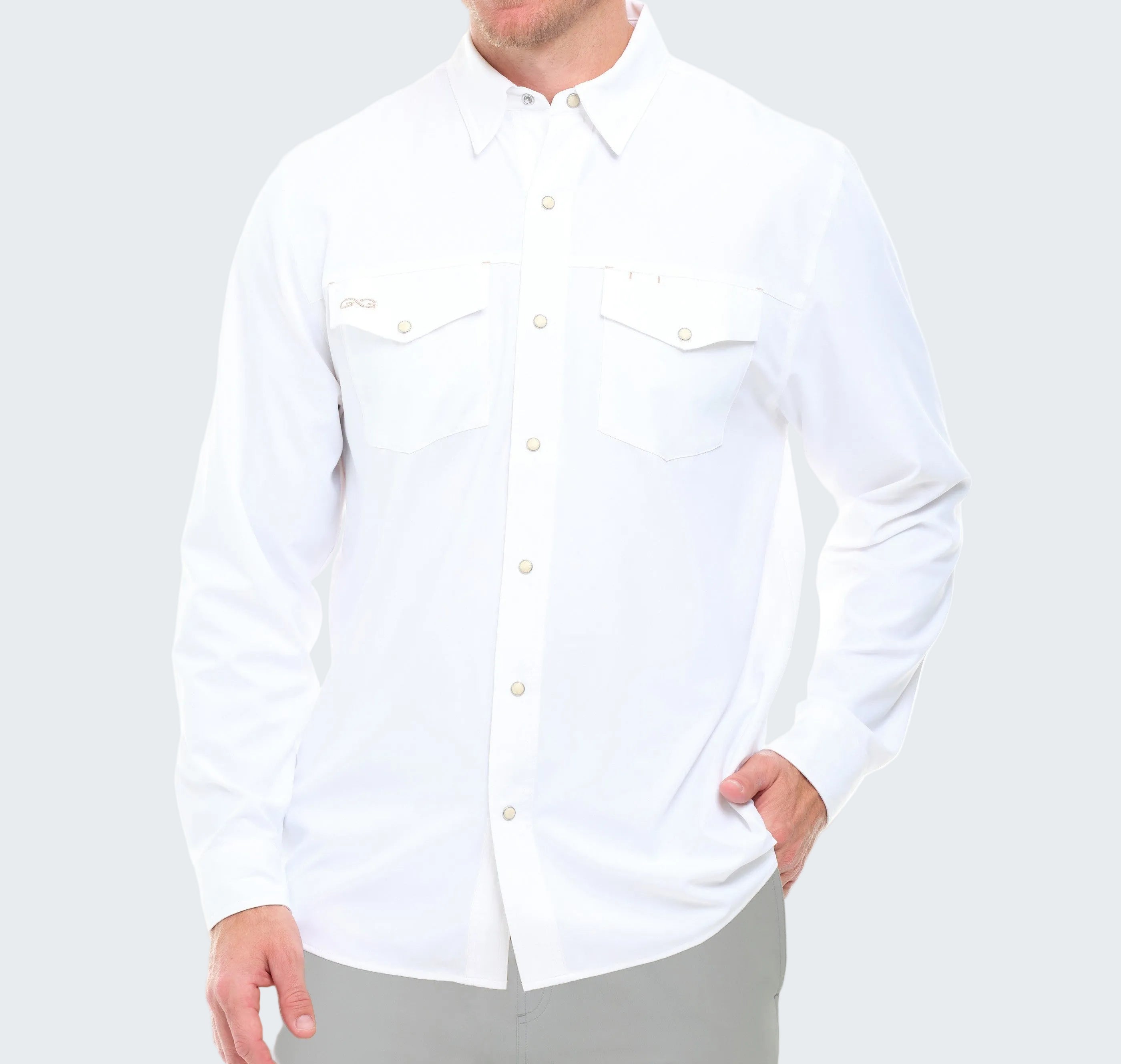 White button-up shirt worn by a person on a white background
