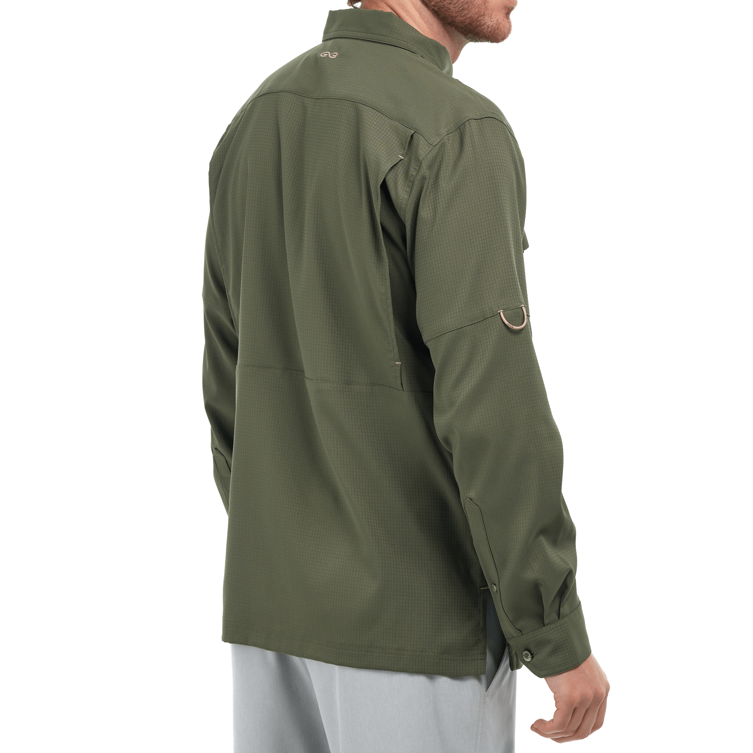 Green jacket worn by a person on a white background