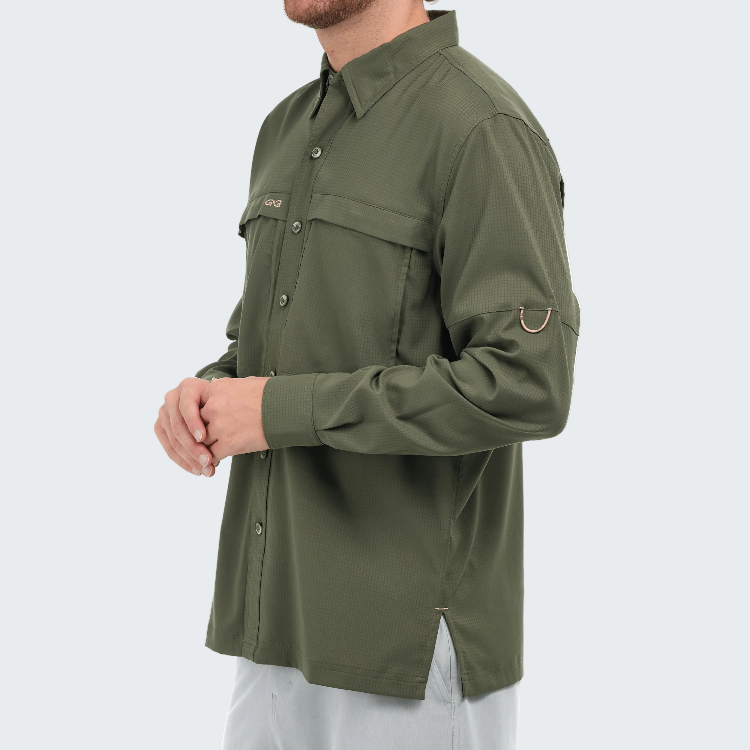 Green shirt worn by a person on a white background