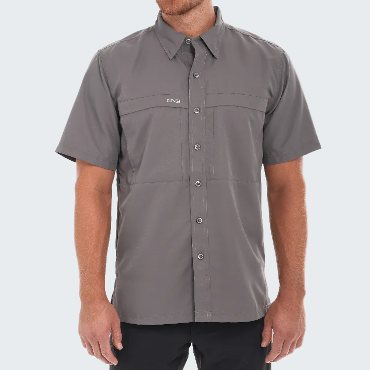 Gray short-sleeve shirt with button details on a white background