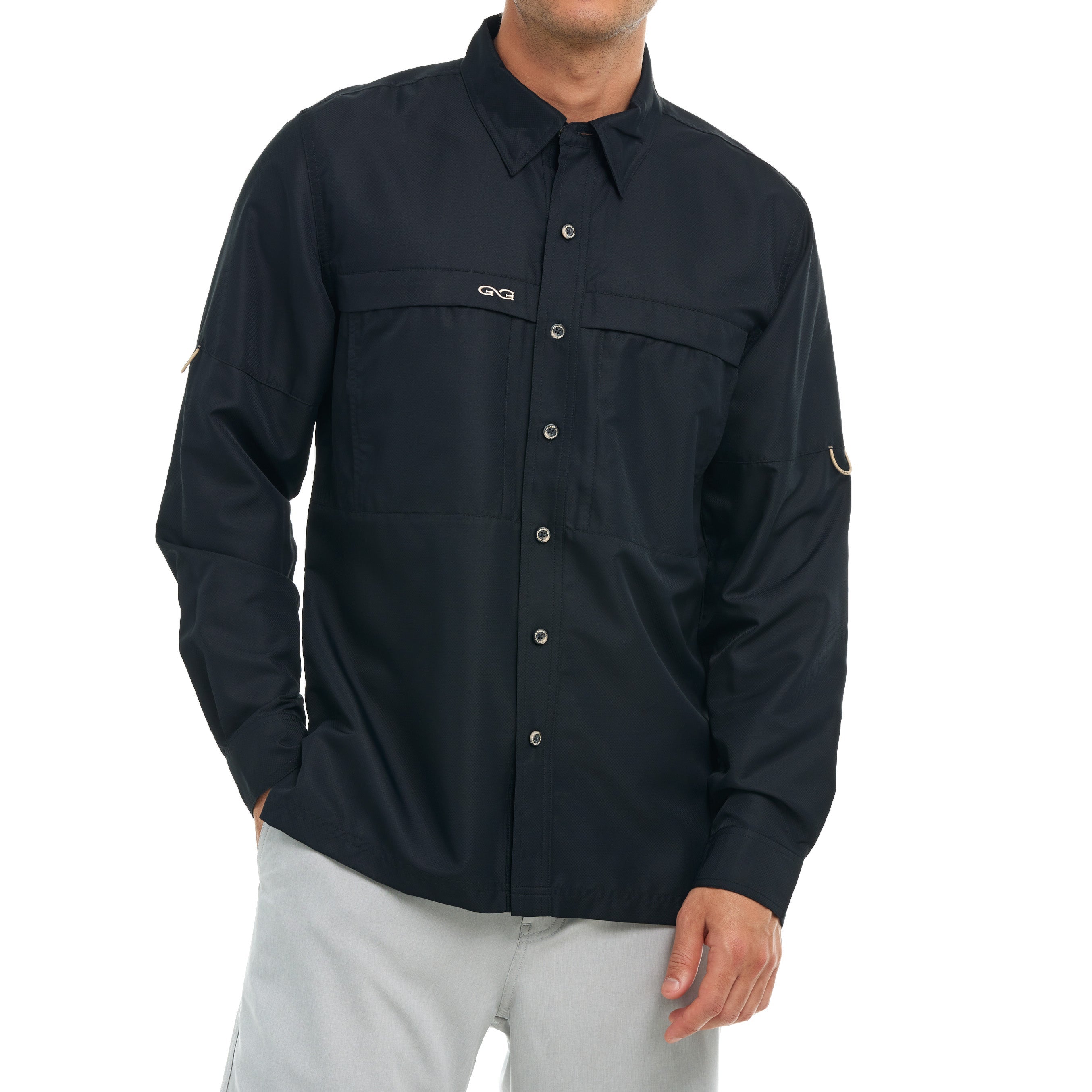 Black long-sleeve shirt with brand logo on a white background