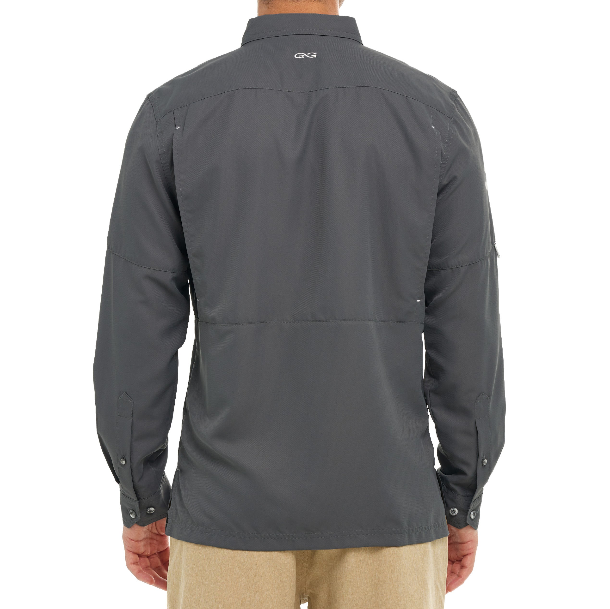 Gray jacket with brand logo on the back, worn by a person, on a white background