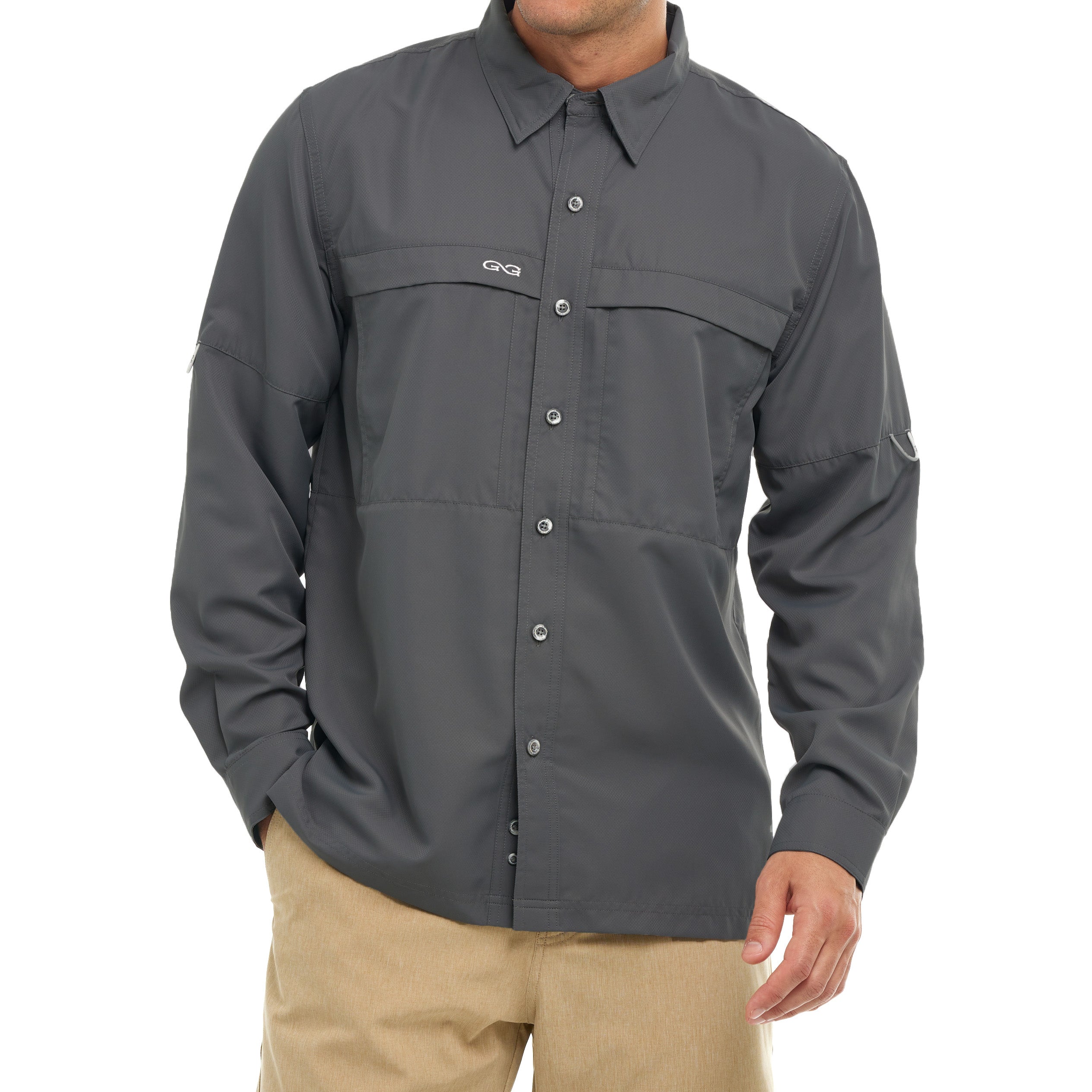 Gray long-sleeve shirt with brand logo on a white background