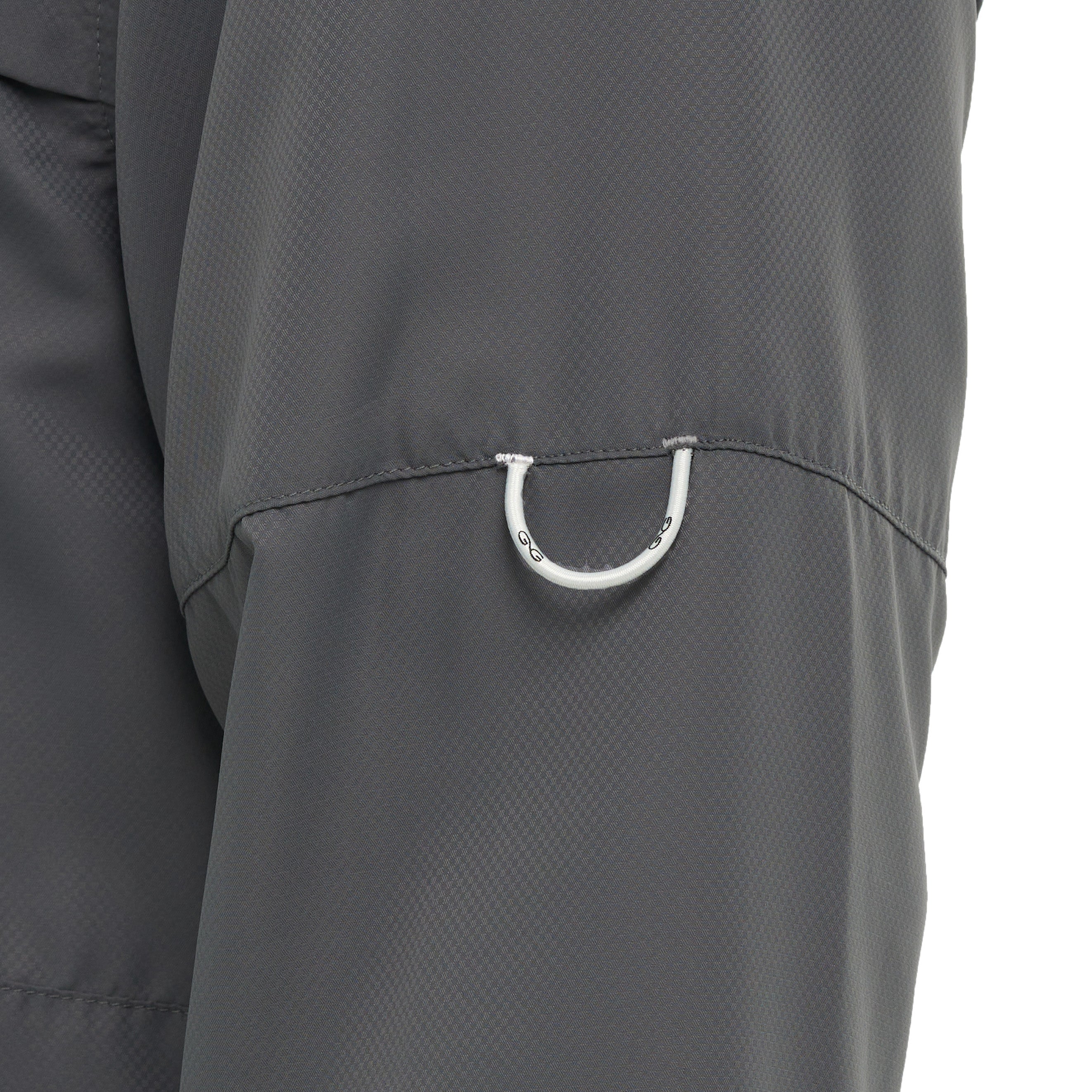 Close-up of a gray jacket with a zipper pull on a white background