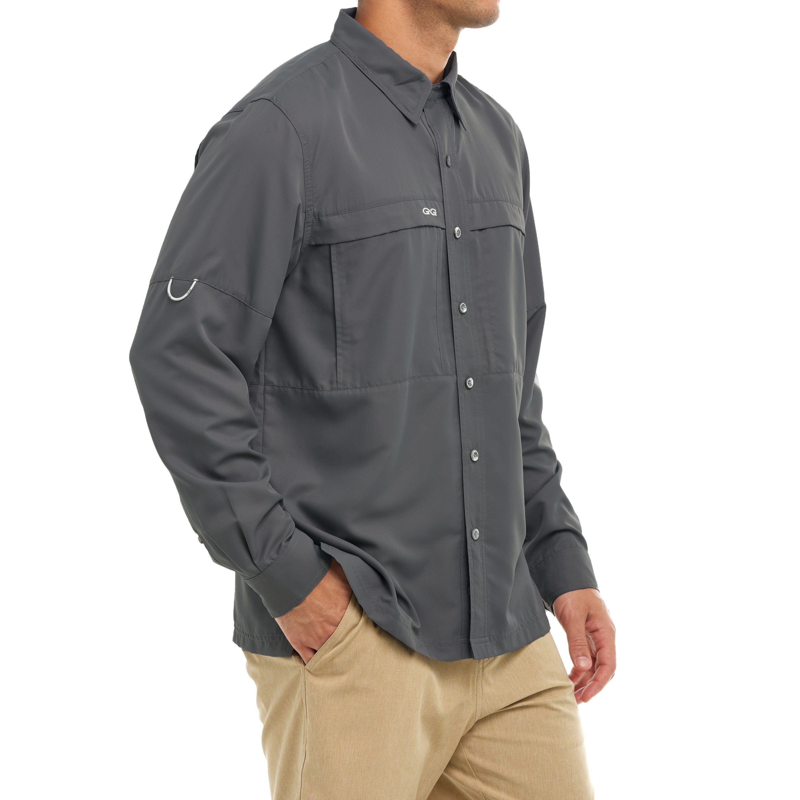 Gray button-up shirt worn by a person on a white background