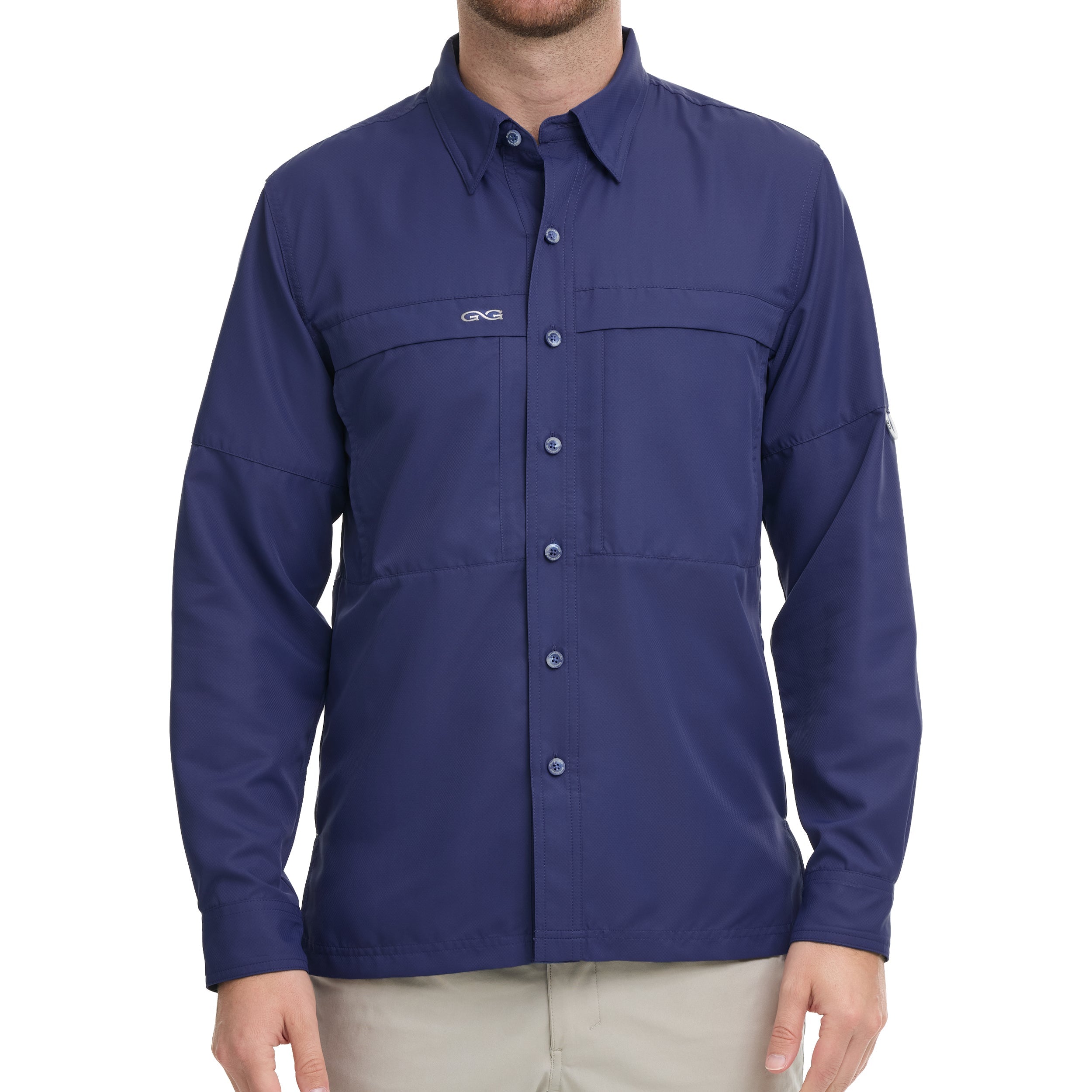 Blue shirt with a brand logo on a white background