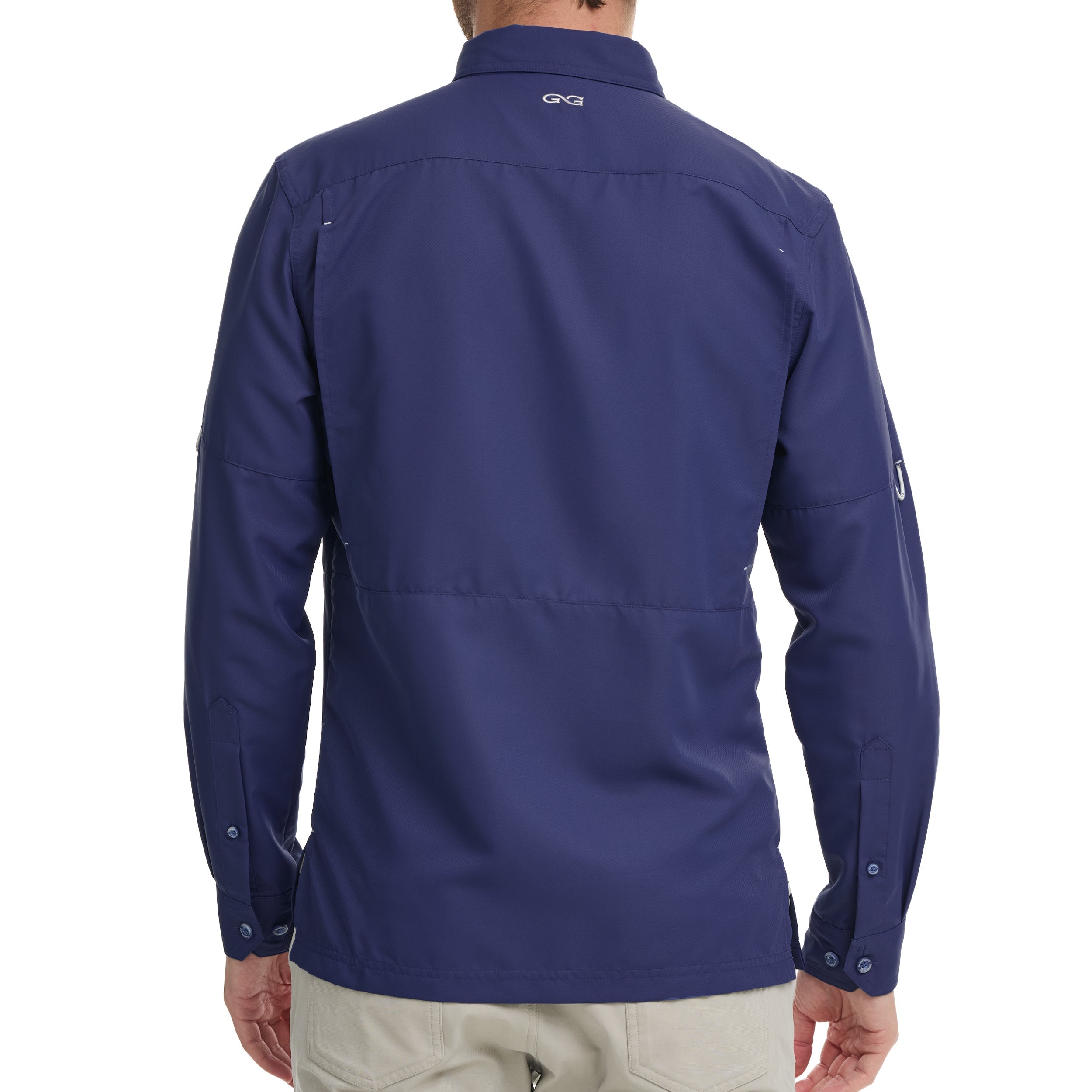 Navy long-sleeve shirt with brand logo on a white background