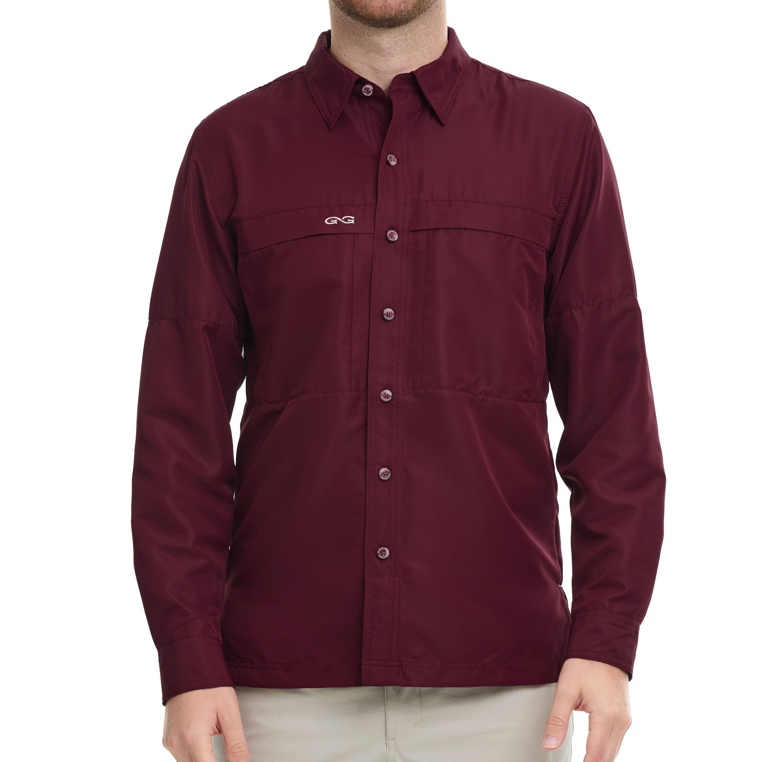 Maroon button-up shirt with a brand logo on a white background