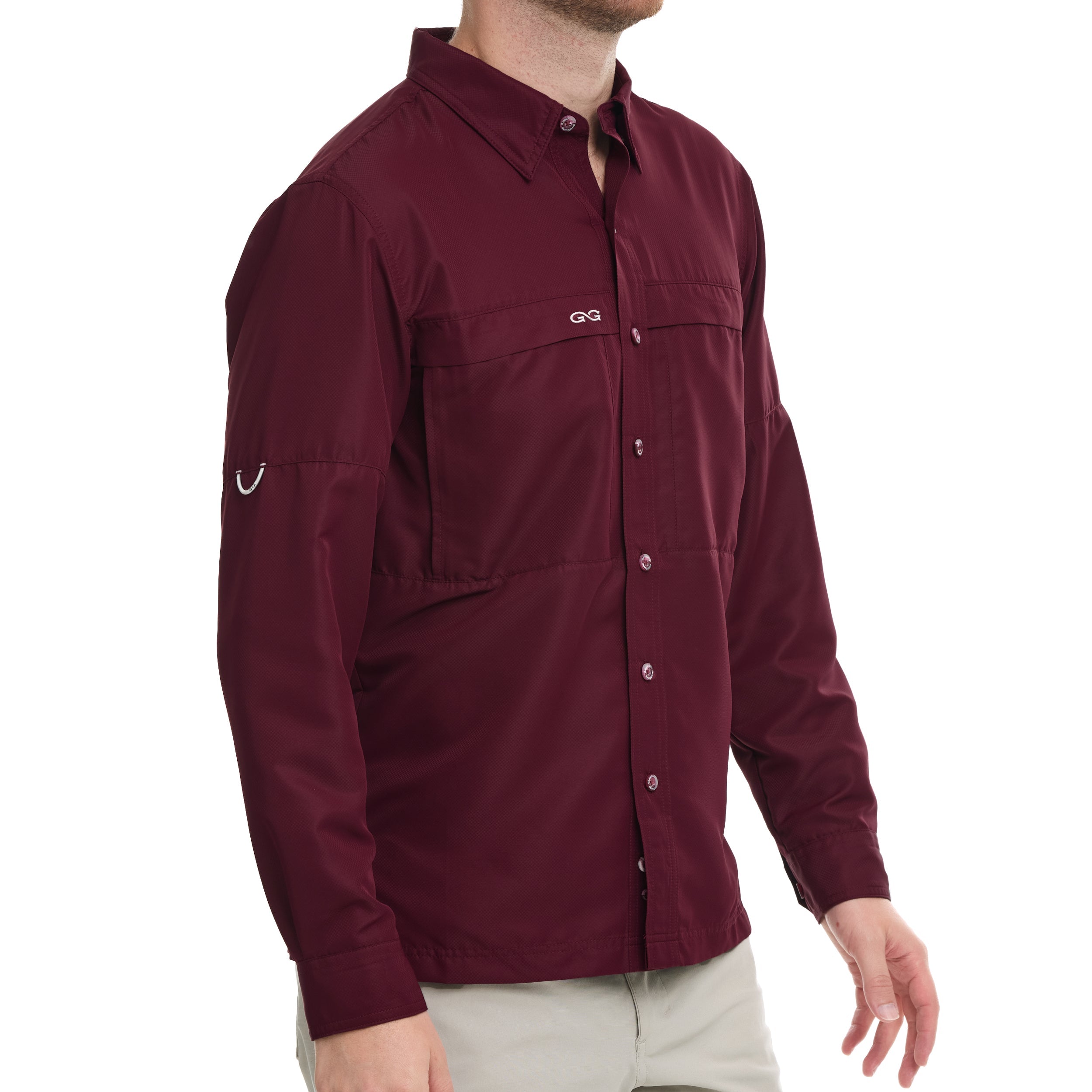 Maroon shirt with a brand logo on a white background