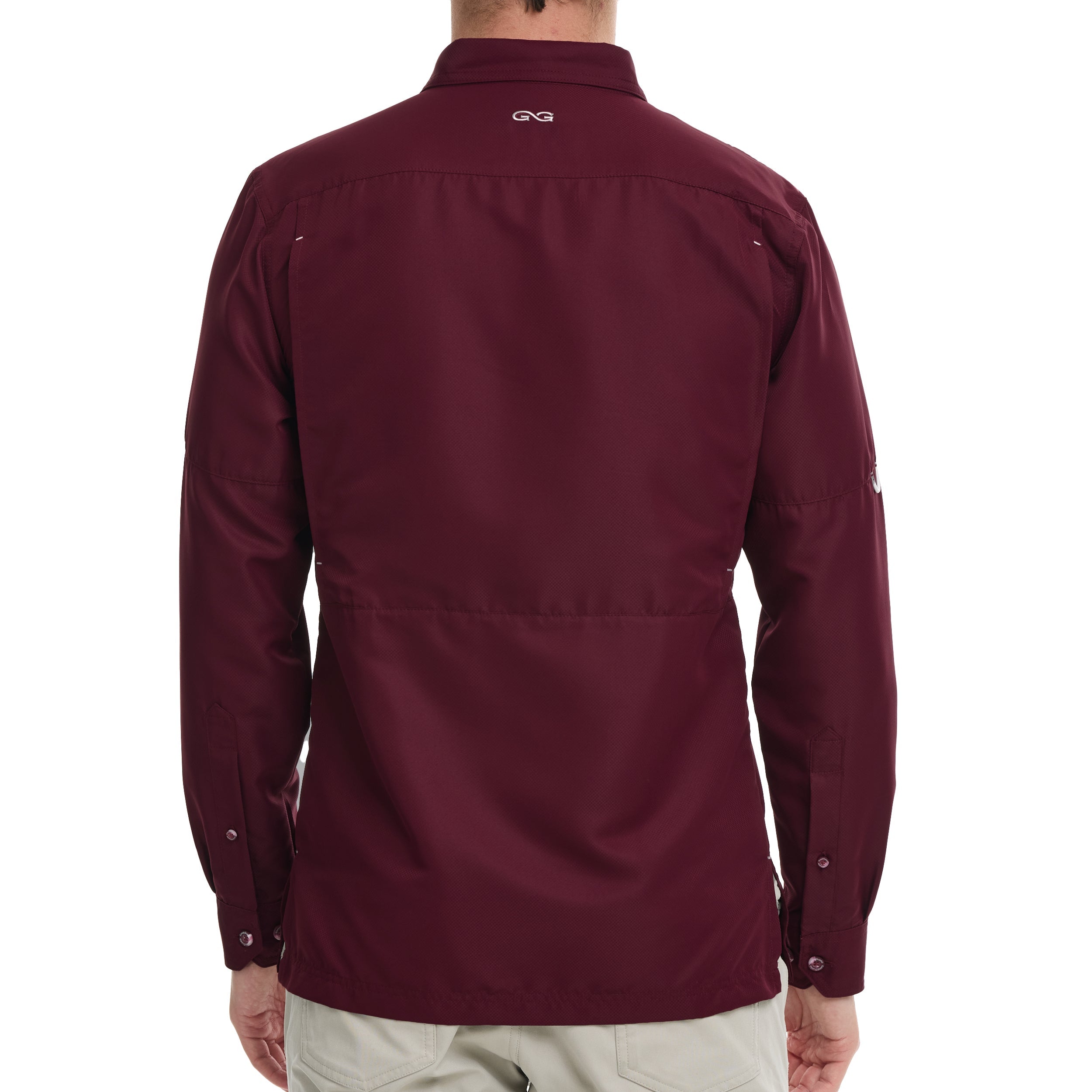 Maroon shirt worn by a person on a white background