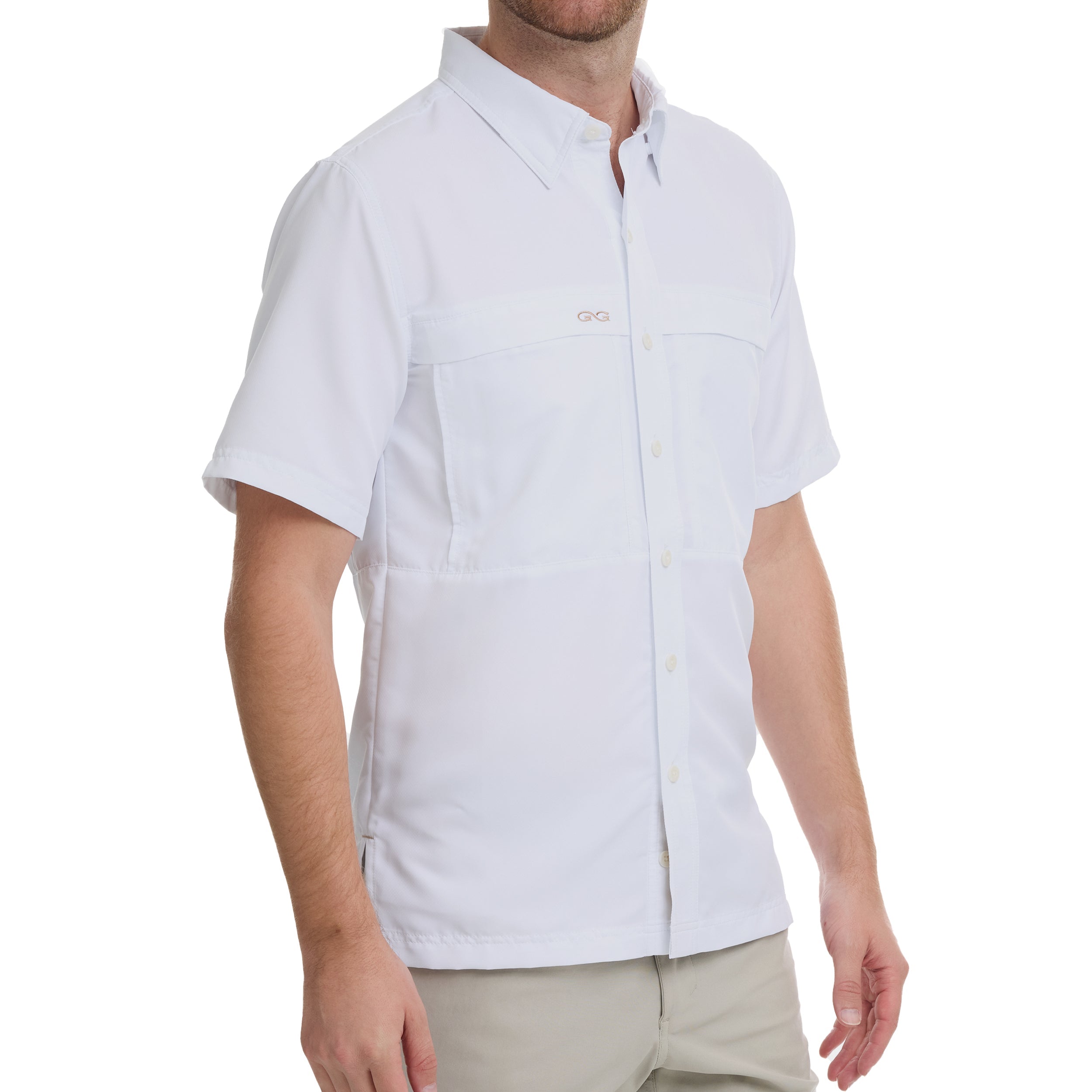 Person wearing a white short-sleeve shirt on a white background