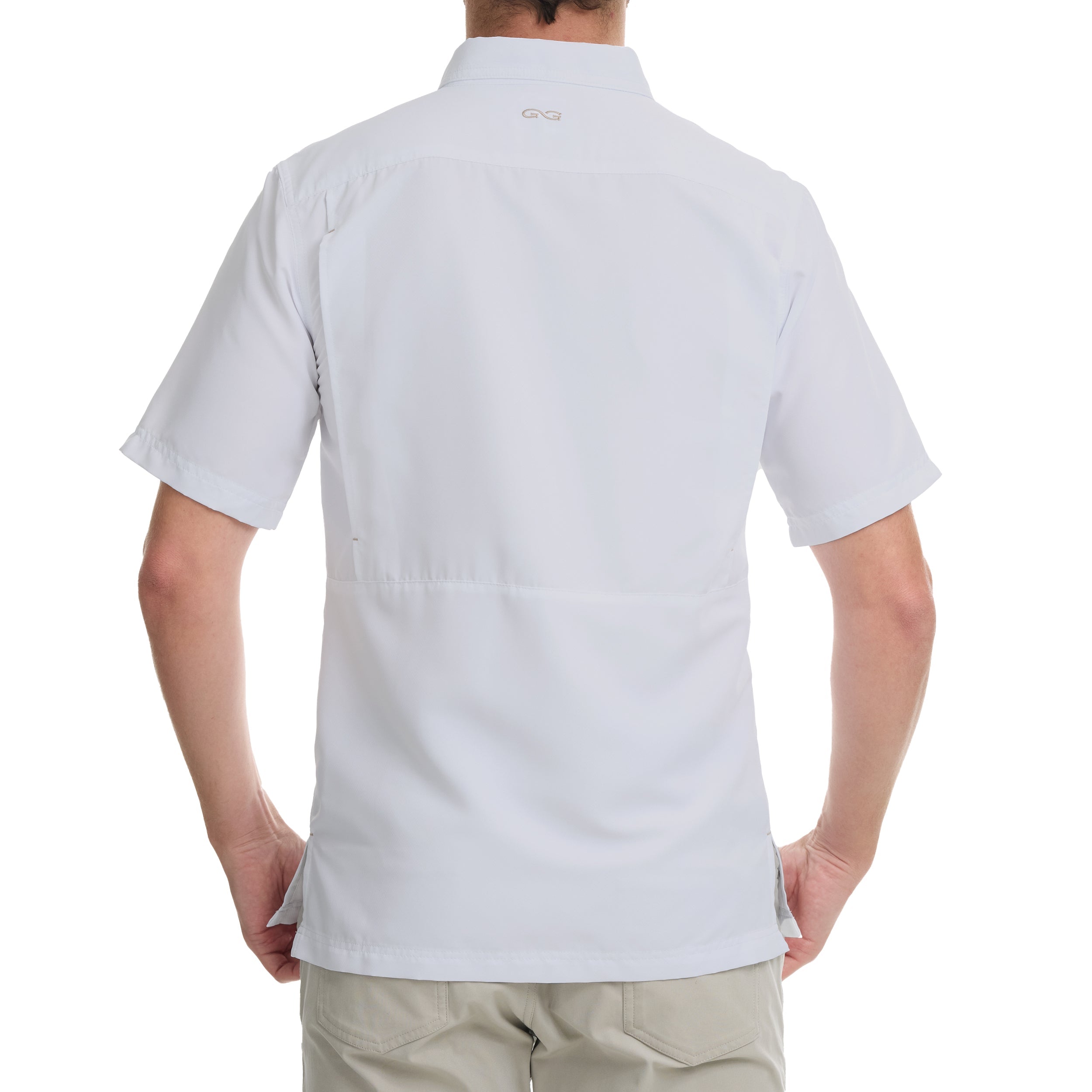 Light gray short-sleeve shirt worn by a person on a white background
