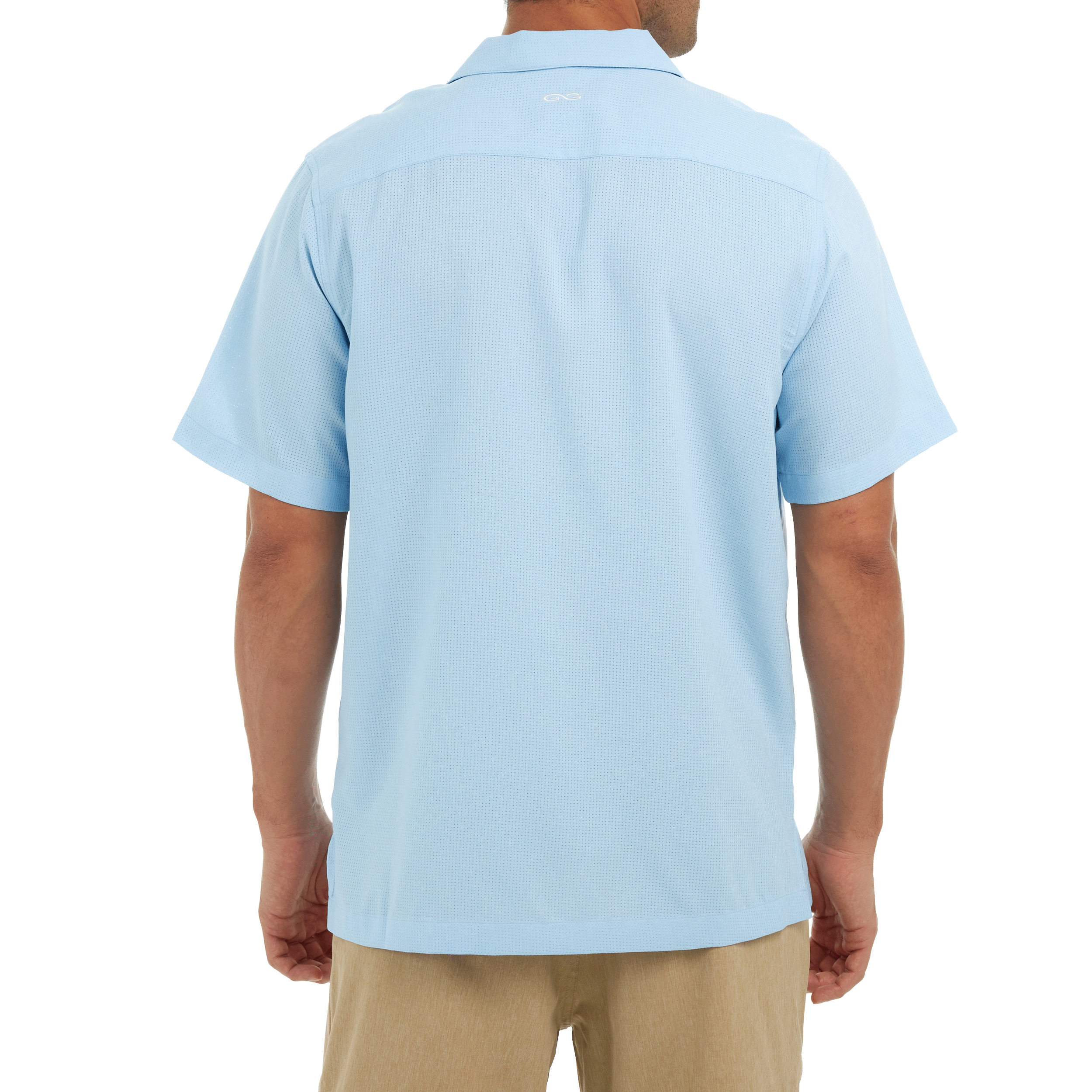 Light blue polo shirt worn by a person on a white background