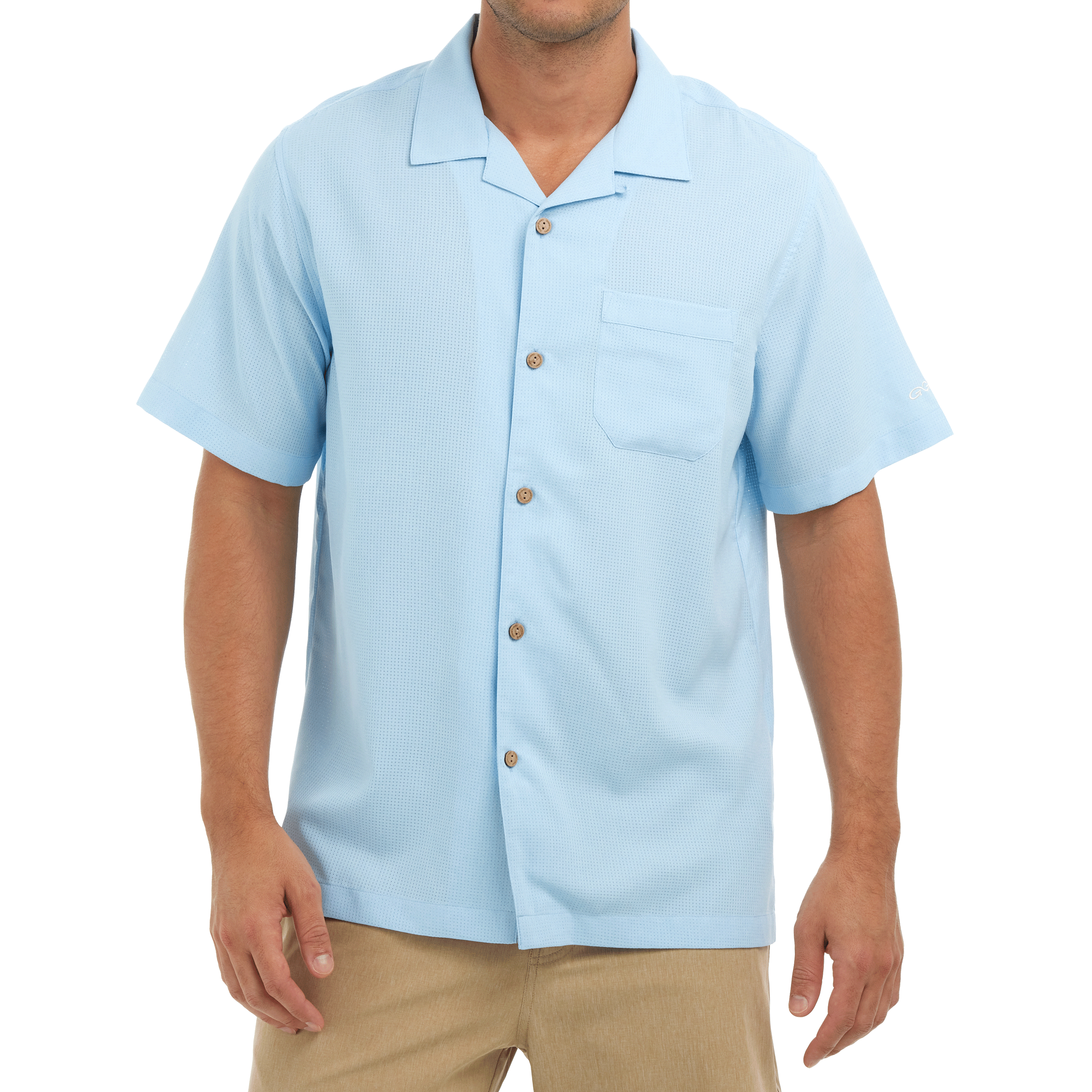 Light blue short-sleeve shirt with button details on a white background