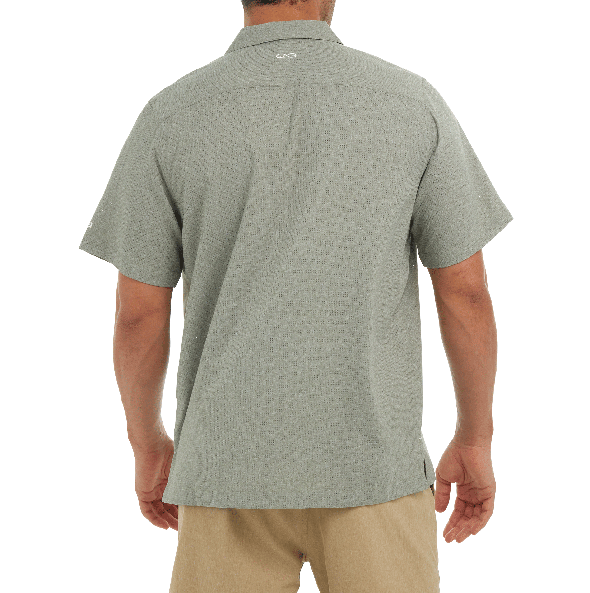 Man wearing a gray polo shirt on a white background