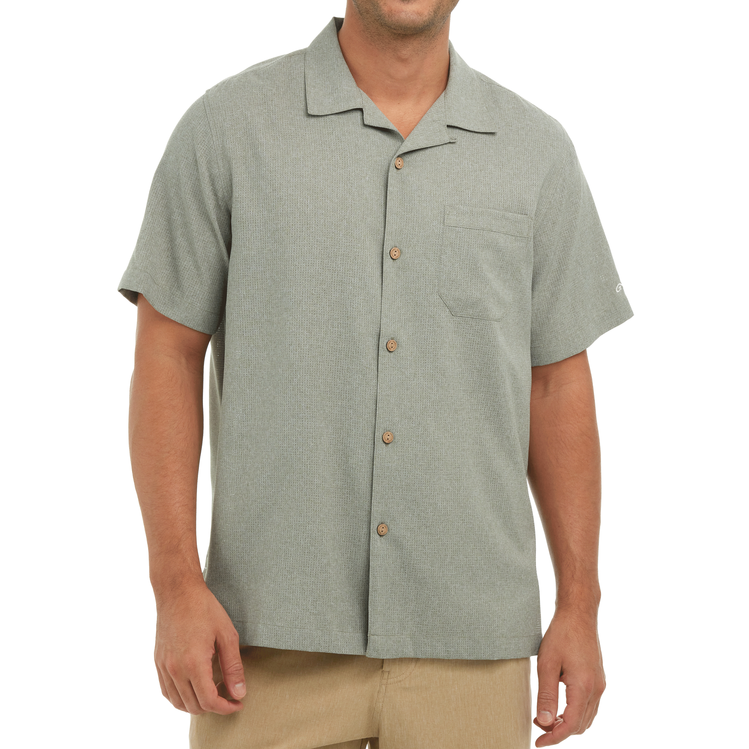 Man wearing a light green button-up shirt with beige pants on a white background