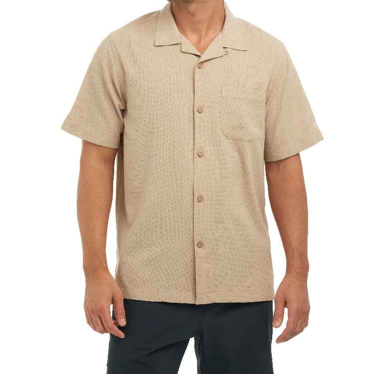 Beige short-sleeve shirt worn by a person on a white background