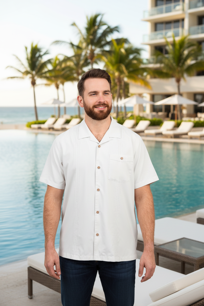 Man wearing a white short-sleeve button-up shirt on a white background